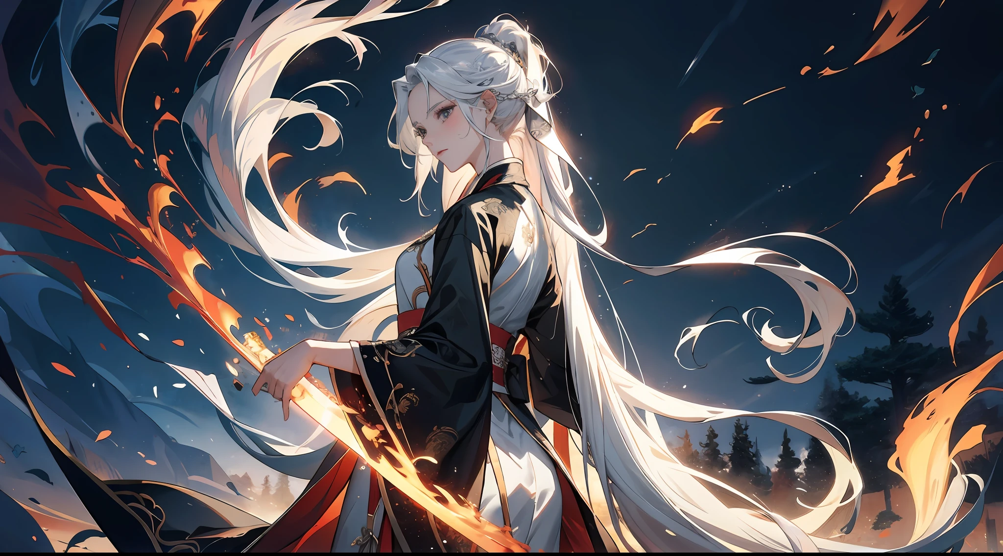 Best picture quality，tmasterpiece，超高分辨率，16k，Very detailed faces，art  stations，poster for，The intense use of color，Dramatic composition，电影灯光，One-man display，Absolutely beautiful，Holding a glowing sword in his hand，Girl with a long sword in her hand，Silvery-white hair，Long silver-white hair flowing away，Chinese long dress in black silk，Black Hanfu，embroidery，Standing motion，looking at the distance，Woods background，the woods，White horse，Front Shooting，Falling leaves