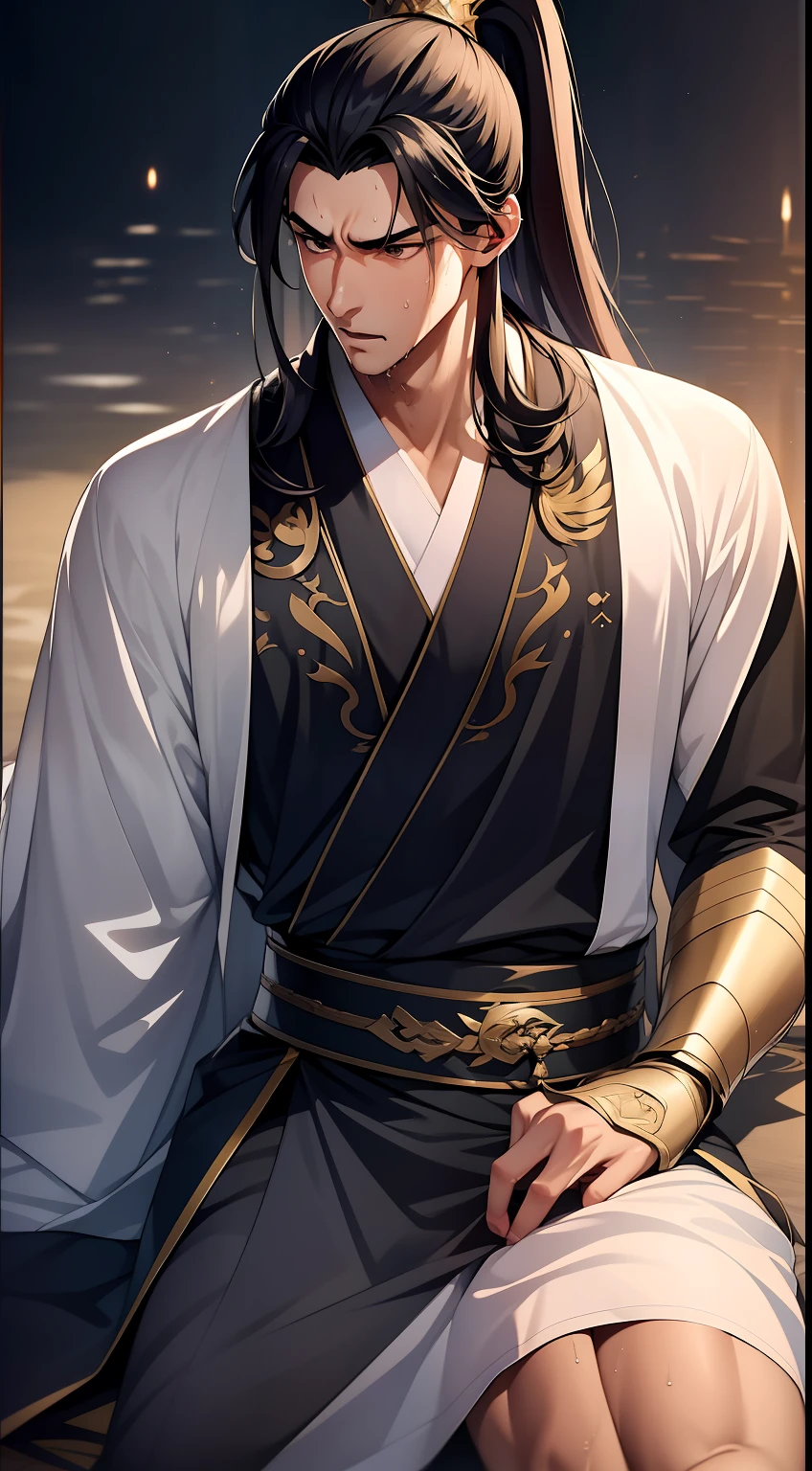 quadratic element,style of anime,mtu(Male Warrior),musculature,The proportions are correct,Face details,swordsmen,High ponytail hairstyle,perspired,Sweat on the face,drools,Neck details,There is an Adam's apple,Get wet,Drenched,Black Hanfu,kaftan,Embroidered robes,Black robe,clothes details,Handing over,longer sleeves,Game quality,Swordsmanship,Light and shadow tracking,Ray traching,detailed glow,cg render,hair detail,cabelos preto e longos,Golden eyes,Sweat on the face,Handsome,Handsome,Beads of sweat slipped down my neck,(juvenile sense),Clothing is complicated,Drenched,Get wet,Perfectcomposition,Refinement,high qulity,higher details,Lots of details,The background is complex,a sense of atmosphere,