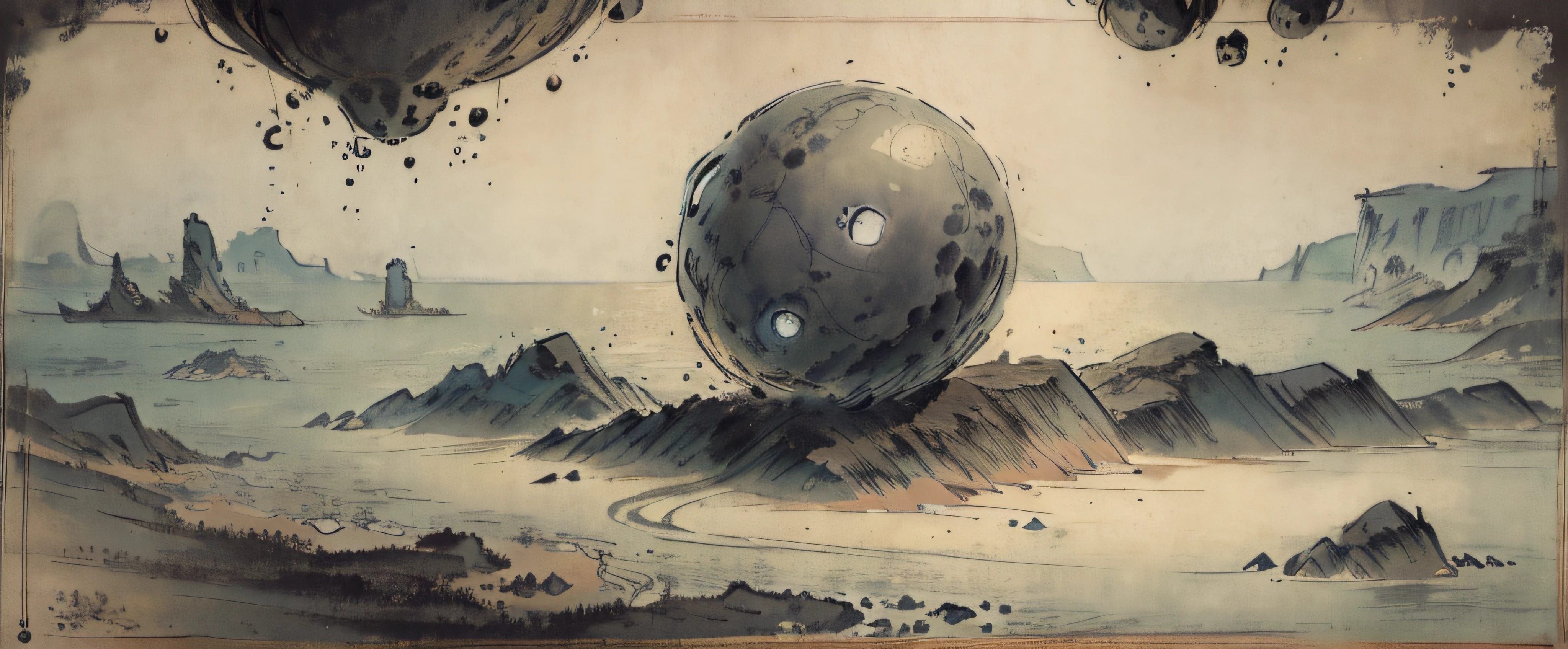 Dark ancient Japanese Canvas Sketch of Small Spherical pitch black, slimy, bubbly, void alien mass floating on the sand of a beach near the sea with Islands, cliffs, mountains with green forrest and moon light. Dark atmosphere.