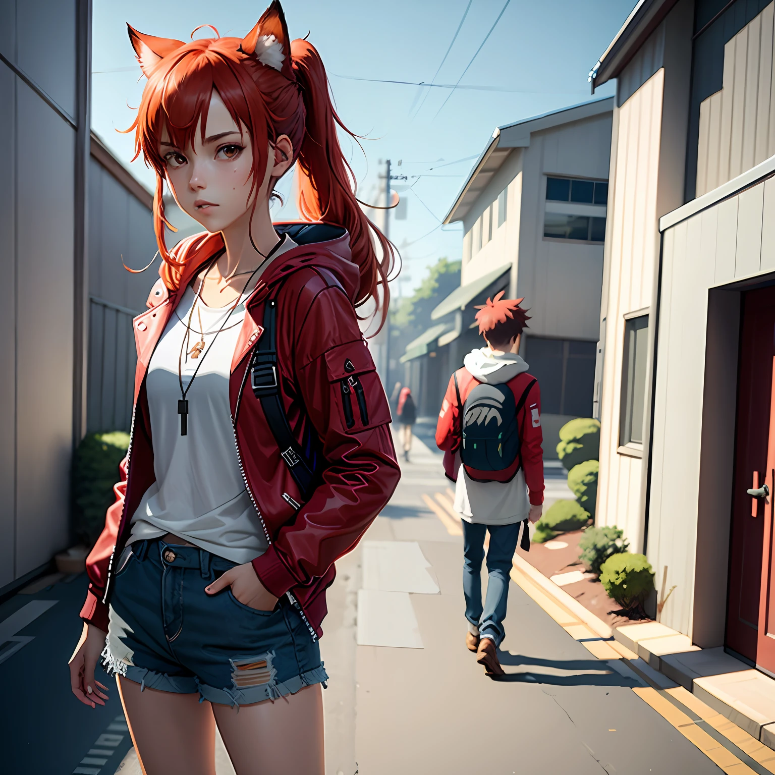 1girll,jaket,Sateen,exteriors,hoody,Open red jacket,chain,backpacks,Look at the other person,Messy red hair,Red double ponytail,headphones with cat ears,Trends on ArtStation,8K分辨率,The is very detailed,anatomically correcte,Sharp images,digitial painting,concept-art,Trends on pixiv,Estilo de Makoto Shinkai,