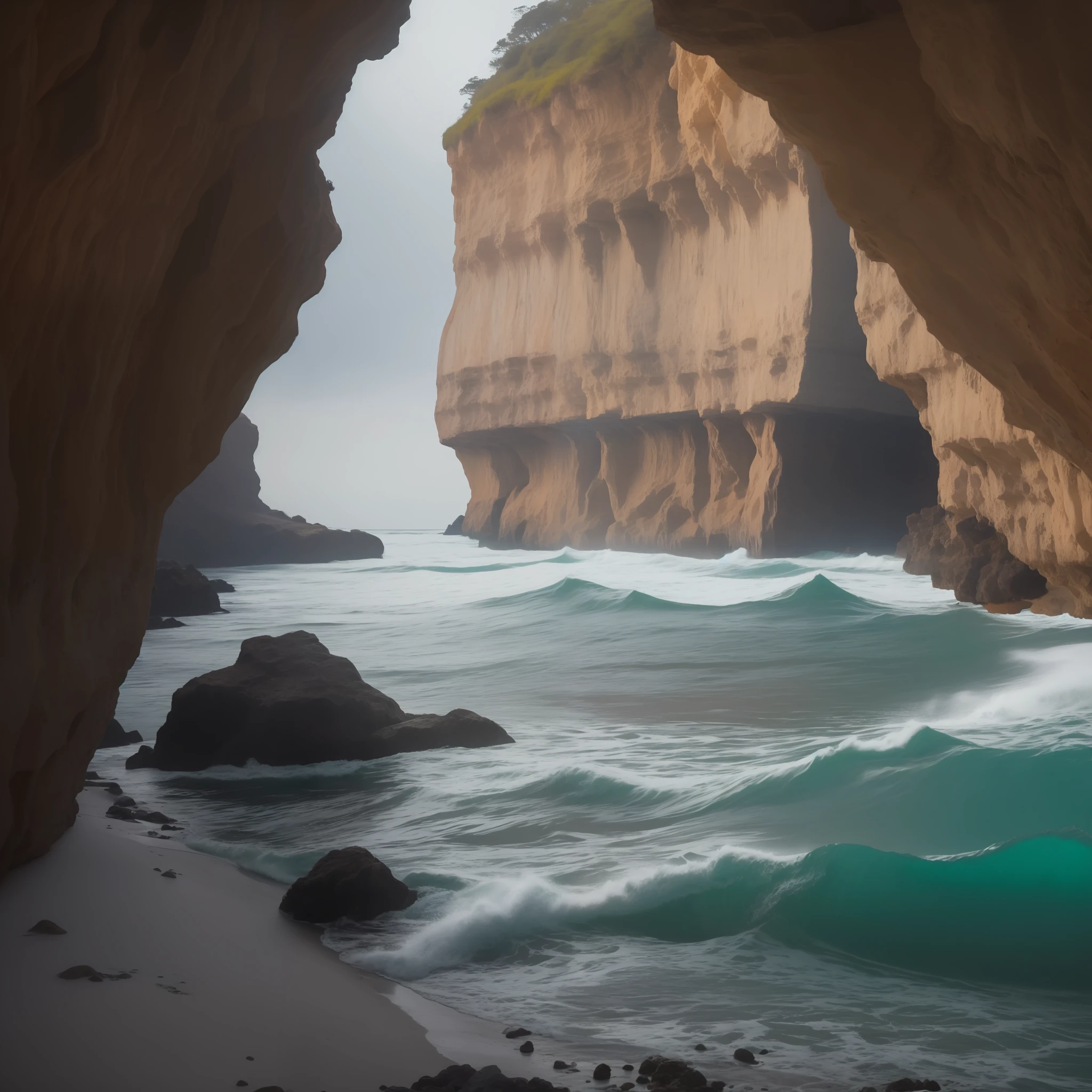 a cinematic view of the ocean, from cave