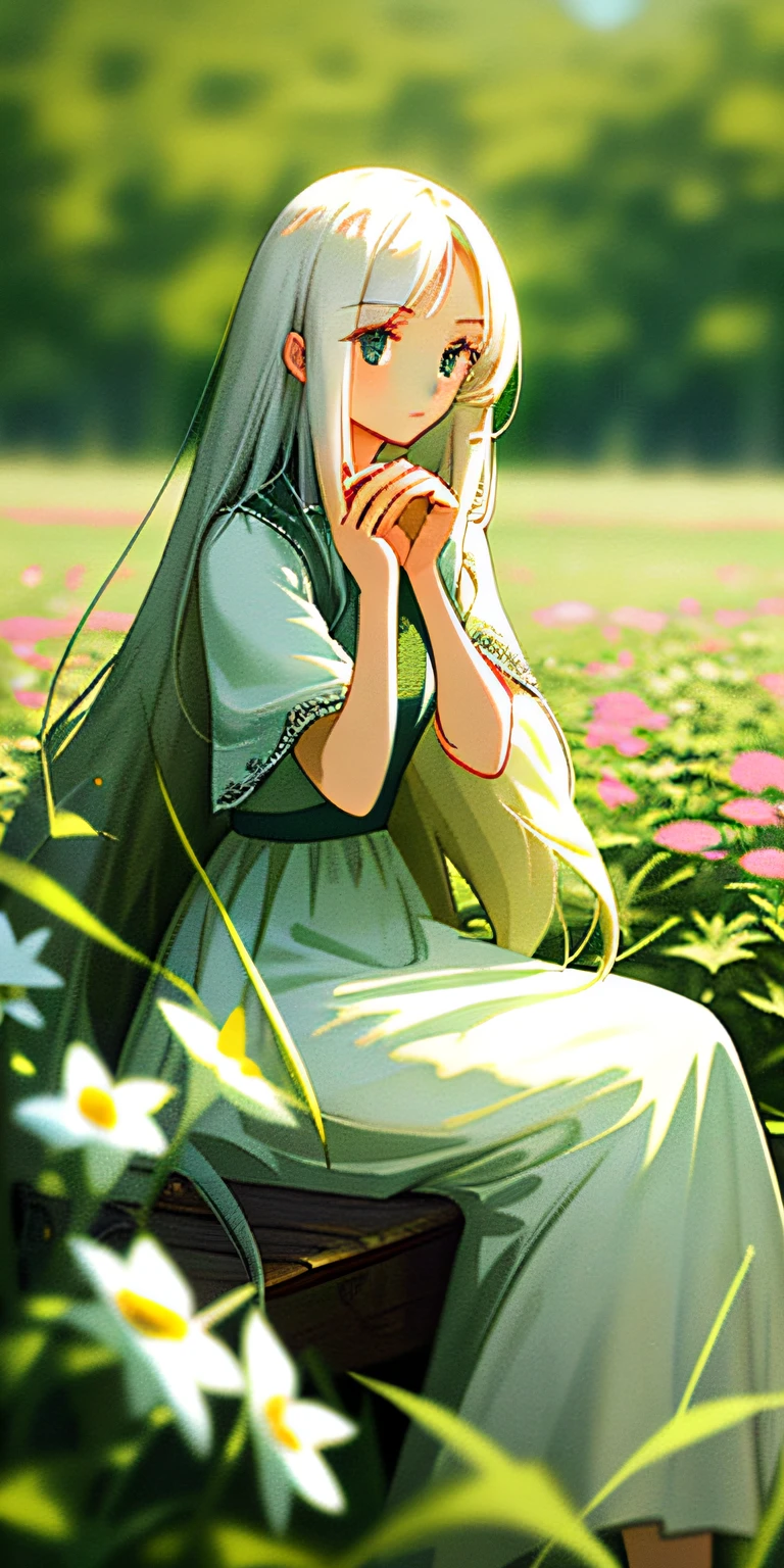 (masterpiece, best quality),1girl with long white hair sitting in a field of green plants and flowers, her hand under her chin, warm lighting, white dress, blurry foreground