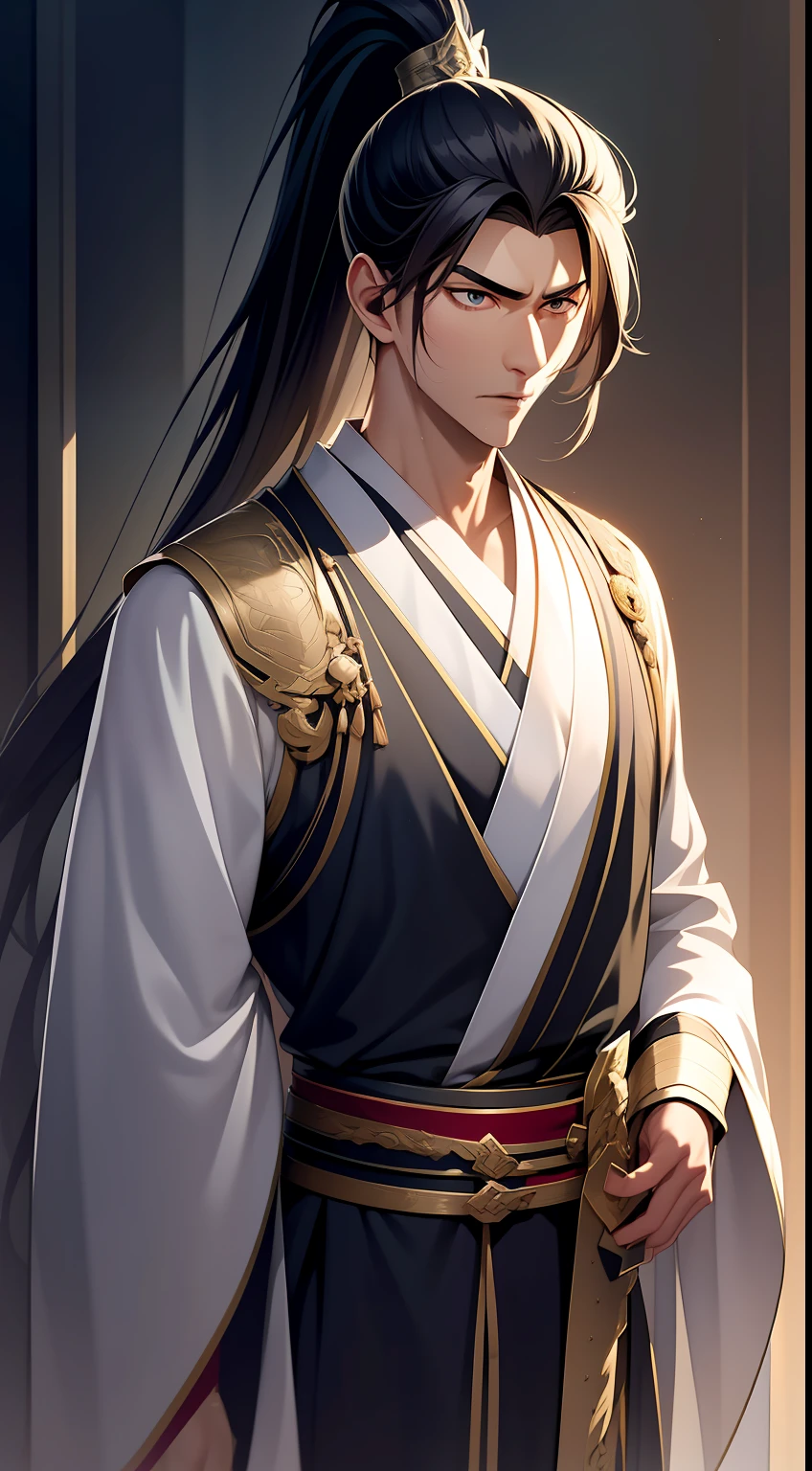 quadratic element,style of anime,mtu(Male Warrior),The proportions are correct,Face details,swordsmen,High ponytail hairstyle,Neck details,There is an Adam's apple,Black Hanfu,kaftan,Embroidered robes,Black robe,clothes details,Handing over,longer sleeves,Game quality,Swordsmanship,Light and shadow tracking,Ray traching,detailed glow,cg render,hair detail,cabelos preto e longos,Red ㇏ eyes,Handsome,Handsome,(juvenile sense),Clothing is complicated,Perfectcomposition,Refinement,high qulity,higher details,Lots of details,The background is complex,a sense of atmosphere,