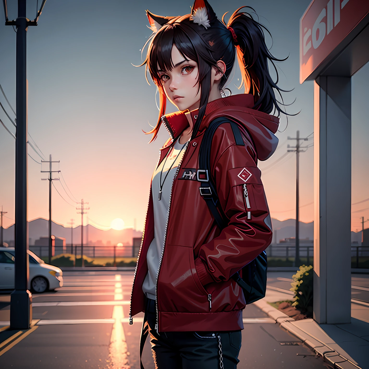 1girll,jaket,Sateen,exteriors,hoody,Open red jacket,chain,backpacks,Look at the other person,messy hair,Red double ponytail,headphones with cat ears,Trends on ArtStation,8K分辨率,The is very detailed,anatomically correcte,Sharp images,digitial painting,concept-art,Trends on pixiv,Estilo de Makoto Shinkai,Red sunset