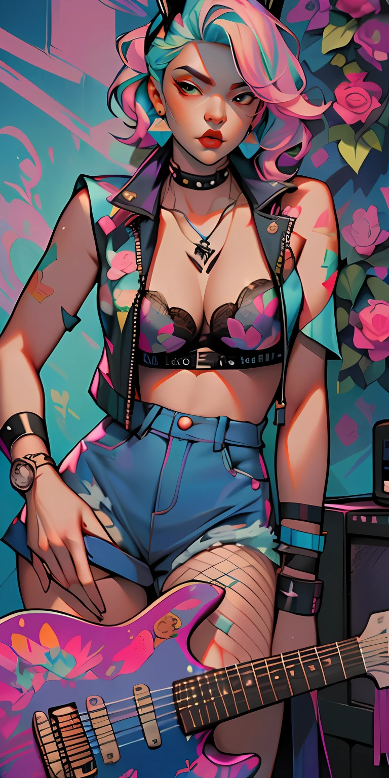 Background, In chic boho style, in club, Ice cream print, multi-colored neon lights, neon garlands, rose hair, mixed-language_SMS, Japanese, (beautiful and clear background:1.2),, fantastic paintings ,graffit style, high detailed eyes , underwear, lace, latex, Pink, Purple, mint, Blue, Yellow, belve, lavender hair, Skull Print, body piercings, Loving, Love, ultra detail hair, Masterpiece, Best Quality, hiquality, hight resolution, detail enhancement, ((most beautiful image in the world)), Masterpiece, Best Quality, hiquality, hight resolution, detail enhancement, ((most beautiful image ), Shiny pink degrade hair, Ultra Short Fitted Stampa, art by stjepan sejic, art by j scott campbell, Artist Guillem March, art by citemer liu, 4k, hight resolution, comic book character, comic, high quality detailed, style of ::2.0 comix illustration style,tatoon style, hiquality, hight resolution, detail enhancement, 8K, HD, Best Quality, hiquality, hight resolution, detail enhancement, 8K, HDR, sharp-focus, Ultra Detailed, perfect lighting, Curvy Body, Lush breasts, Curvy hips, skull print on clothes, rock, rock star, Cool,black leather jacket with skull print, style of, spikes, Punk Rock, Wolf, Cat's ears, Cool bracelets, Choker, calavera, gotik, Short shorts, fishnet pantyhose, (((plays the guitar))) plays the electric guitar, Plays, electric guitar, musician, guitarist, neon strings, virtuoso, Heart Print, Heart, glares, Multi-colored highlights, disco, cacti, Succulents,
