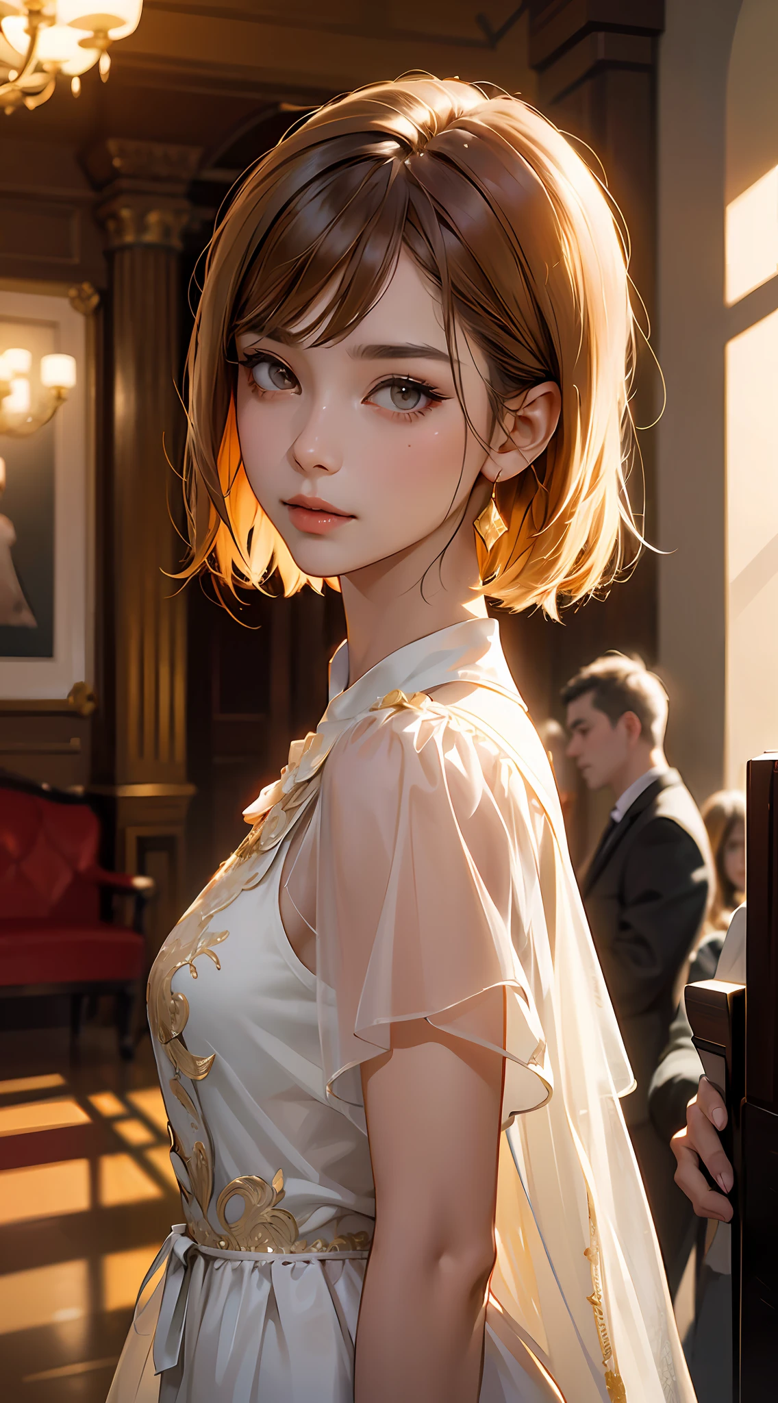 (airport:1), PM, (Crimson Gown:1), Golden Fringe Shorthair, Light brown eyes, 1girl in, 20yr old, Innocence, (Photorealsitic), (intricate-detail:1.2),(​masterpiece, :1.3),(top-quality:1.4), (超A high resolution:1.2), 超A high resolution, (A detailed eye), (detailed facial features), nffsw, 8K分辨率, (lensflare:0.7), Looks Back,