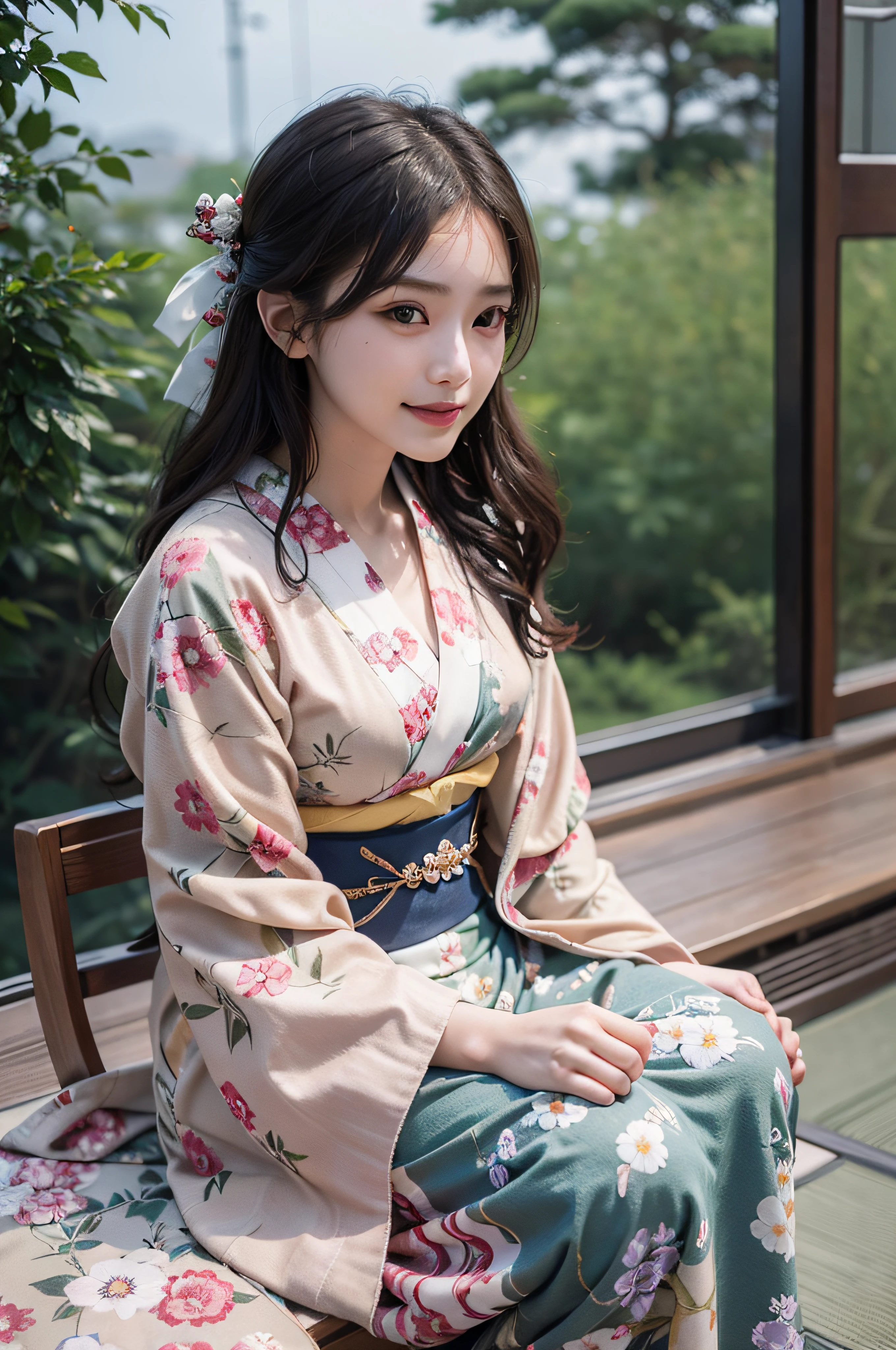 (Photorealsitic:1.4), (Top image quality:1.0), (超A high resolution:1.0), 8K, Raw photography, (masterpiece:0.2), (pureerosface_v1:0.5)、(Best Quality Detail:1.2)、realisitic、8K UHD、hight resolution、(1girl in:1.2)、The ultra-detailliert、High quality textures、intricate detailes、detaileds、Very detailed CG、High quality shadows、Detail Beautiful delicate face、Detail Beautiful delicate eyes、depth of fields、Ray traching,1girl in, japanaese girl, Cute, slender, Black kimono, Kimono with Japanese pattern,Floral scrunchie, Beautiful skin, Facing the front,Sit down, Sit upright and say thank you,Align your hands elegantly,Smile faintly The Land of Japan,Japanese garden,Luxury Japanese-style room, skyporn, Magic Hour, (Realistic:1.3), Finely detailed, quality, (masutepiece:1.2), (Photorealistic:1.2), (Best Quality), (Intricate details), Dramatic, Ray tracing, photograph, +Lola