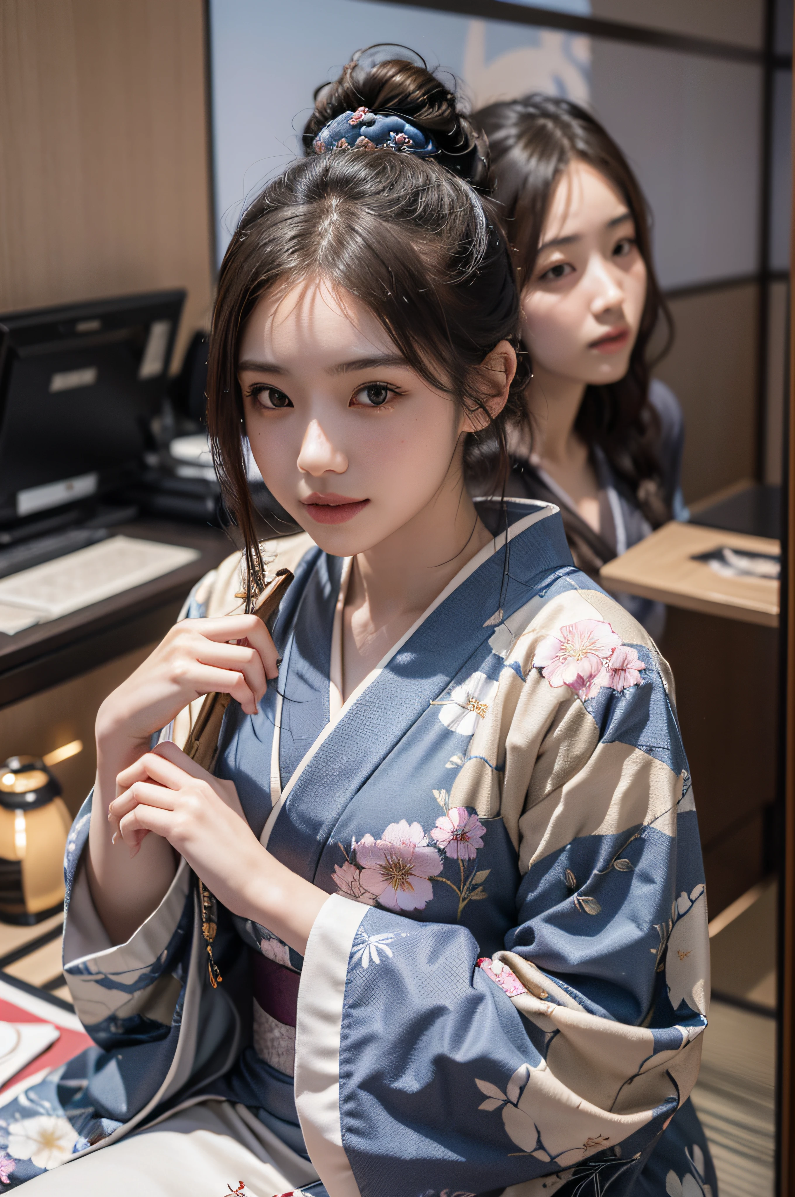 (Photorealsitic:1.4), (Top image quality:1.0), (超A high resolution:1.0), 8K, Raw photography, (masterpiece:0.2), (pureerosface_v1:0.5)、(Best Quality Detail:1.2)、realisitic、8K UHD、hight resolution、(1girl in:1.2)、The ultra-detailliert、High quality textures、intricate detailes、detaileds、Very detailed CG、High quality shadows、Detail Beautiful delicate face、Detail Beautiful delicate eyes、depth of fields、Ray traching,1girl in, japanaese girl, Cute, slender, Black kimono, Kimono with Japanese pattern,Floral scrunchie, Beautiful skin, Facing the front,Sit down, Sit upright and say thank you,Align your hands elegantly,Smile faintly The Land of Japan,Japanese garden,Luxury Japanese-style room, skyporn, Magic Hour, (Realistic:1.3), Finely detailed, quality, (masutepiece:1.2), (Photorealistic:1.2), (Best Quality), (Intricate details), Dramatic, Ray tracing, photograph, +Lola