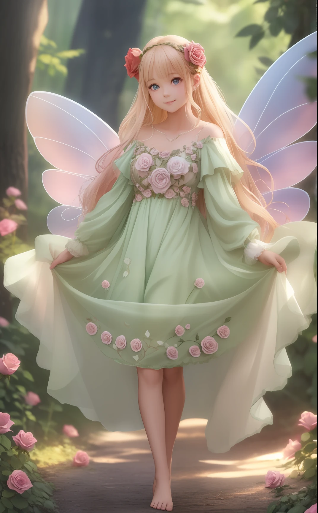 Photo of a gorgeous 20-year-old Finnish fairy wearing (Rose Decoration Dresses:1.2) And (Delicate fairy wings:1.2), Grinning, (looking in camera:1.1), (Sateen:1.1), on forest path:, Proudly standing next to his portate, by Studio Ghibli, masutepiece, Barefoot, (Natural lighting:0.8), 8K, ((Realistic)), F/1.1, , Forest with big eyes、covering the navel、hiding breast(face perfect:1.1)with an intricate(high detal:1.1)Body、(Curvaceous)femele(flawless skin:1.11)And(teats:1. 0.5)、A smile、full body Esbian、Beautiful standing figure、