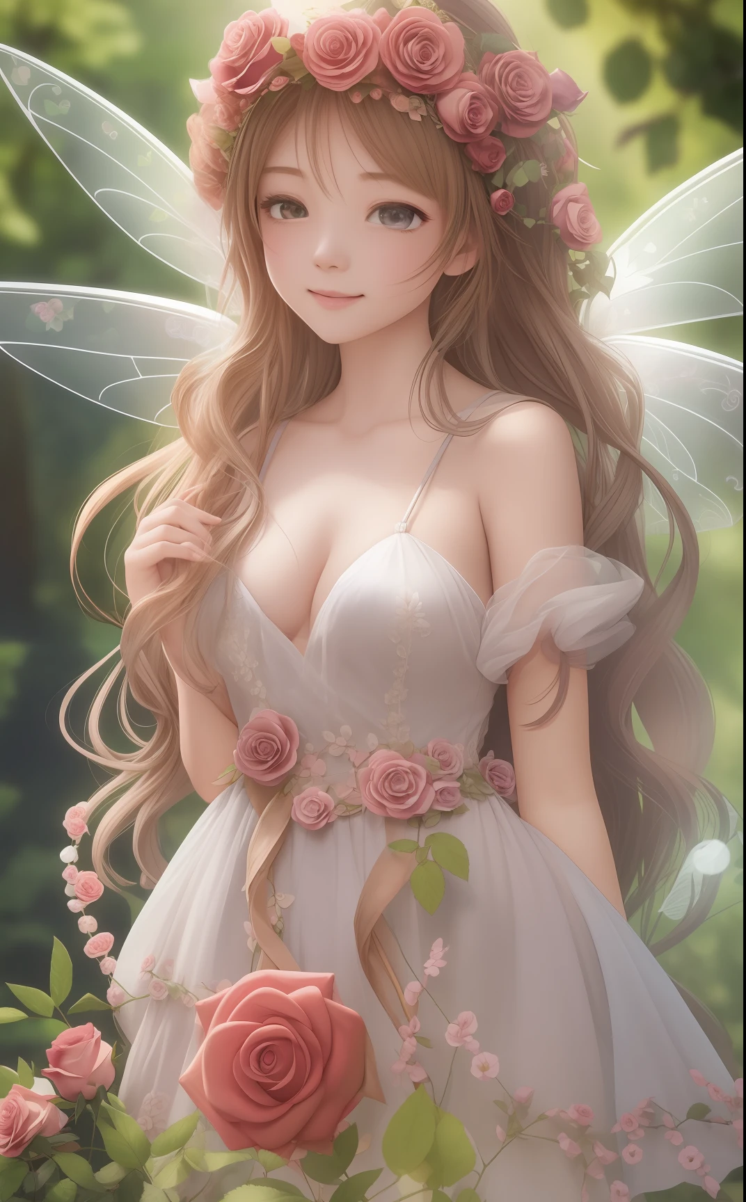 Photo of a gorgeous 20-year-old Finnish fairy wearing (Rose Decoration Dresses:1.2) And (Delicate fairy wings:1.2), Grinning, (looking in camera:1.1), (Sateen:1.1), on forest path:, Proudly standing next to his portate, by Studio Ghibli, masutepiece, Barefoot, (Natural lighting:0.8), 8K, ((Realistic)), F/1.1, , Forest with keen eyes、covering the navel、hiding breast(face perfect:1.1)with an intricate(high detal:1.1)Body、(Curvaceous)femele(flawless skin:1.11)And(teats:1. 0.5)、A smile、full body Esbian、Beautiful standing figure、