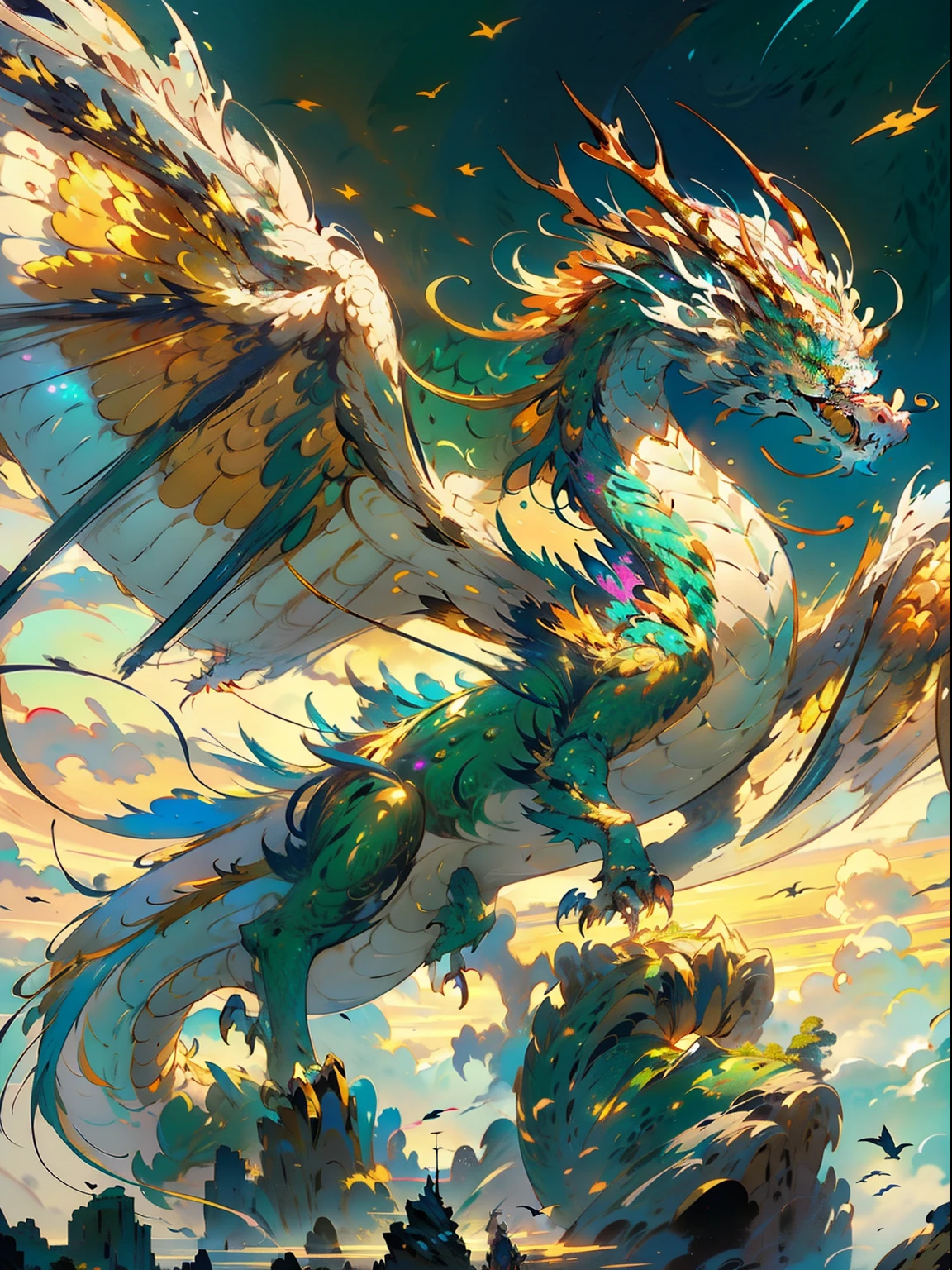 "In a breathtaking outdoor scene, a majestic Dragon with iridescent scales and imposing wings takes flight against a golden sunset backdrop. The Dragon's emerald eyes gaze intently as it soars through the sky with its powerful wings outstretched. The scene calls for a digital illustration in a realistic photographic style. The lighting should capture the warm hues of the setting sun, casting a mesmerizing glow on the Dragon's scales and creating beautiful shadows beneath its wings. The camera shot type should be a medium shot with a wide-angle lens, giving a sense of grandeur to the mythical creature. The resolution must be 8K to ensure highly detailed rendering and lifelike visual impact."