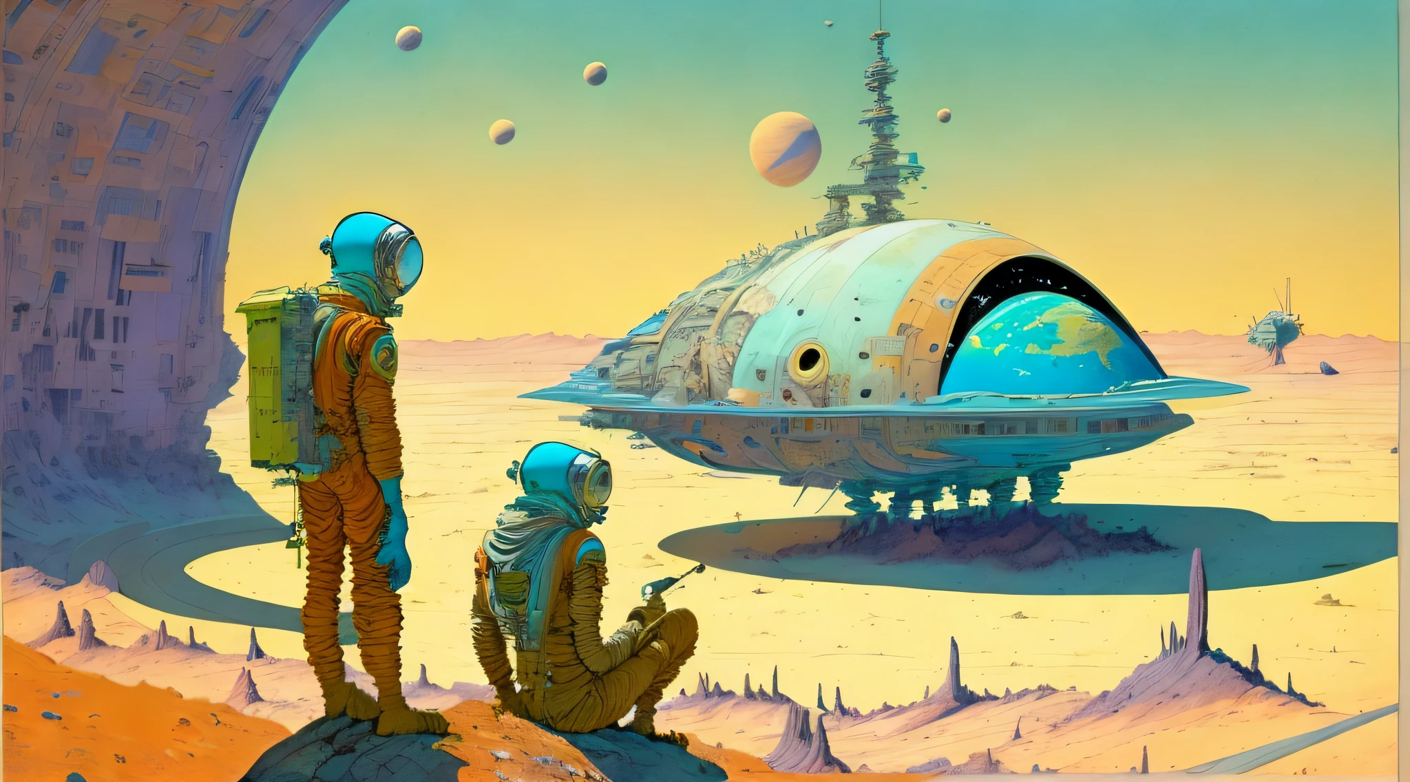 a painting of a Astronauts in Space Suit, repairing a large spaceship, another large spaceship in the background, alien planet, ringed planet by Moebius Jean Giraud