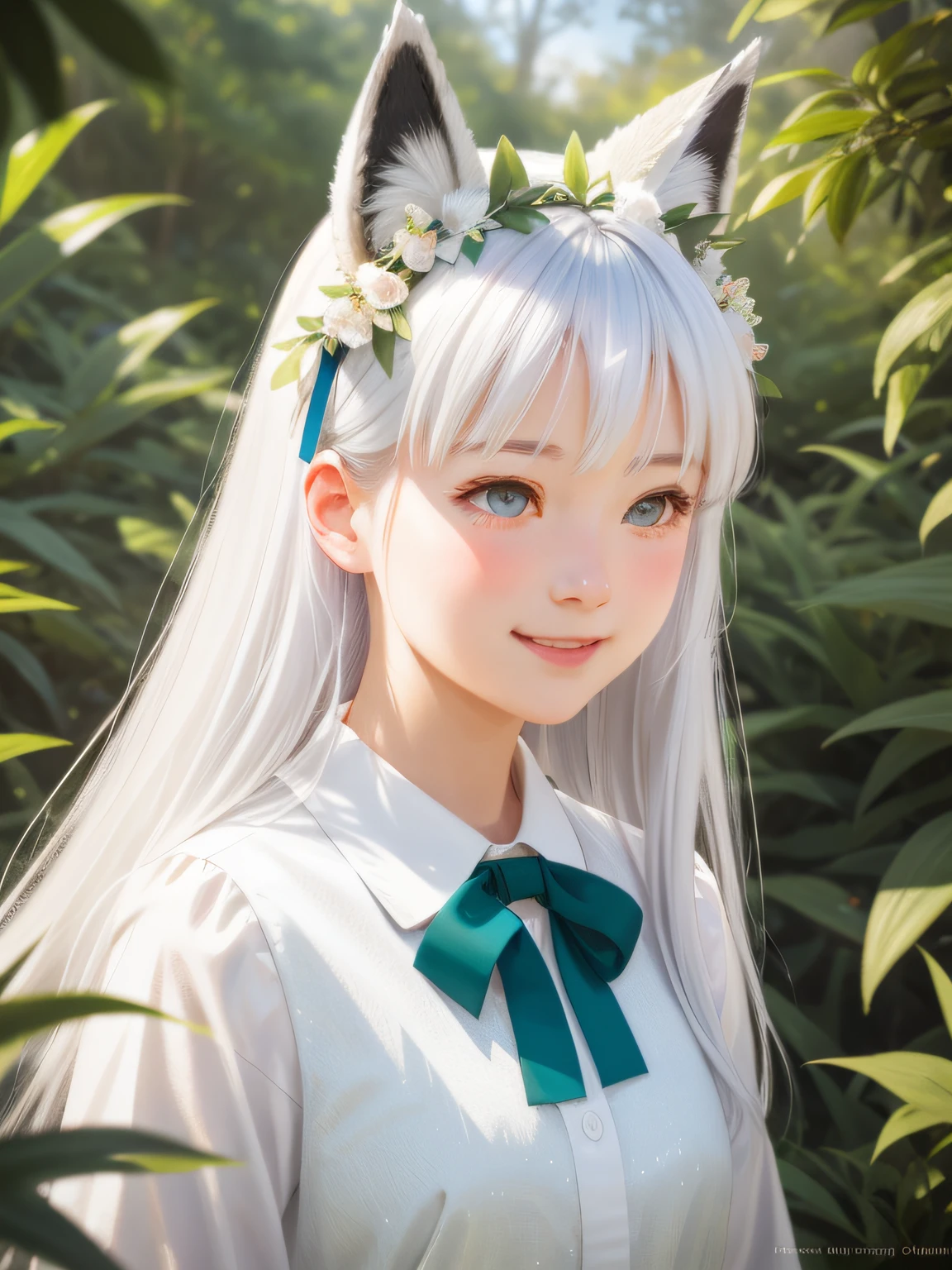 Fox ears white hair girl，teens girl，at a forest，green plant，leafs，long eyelasher, solid circle eyes, Fake animal ears, Light smile, Fang, White hair, crown, Hairpin, Hair ribbon, Hair Bow, ribbon, hair flower, Horns, surrealism, angle of view, Atmospheric perspective, Cinematic lighting, Ray tracing, first person perspective, Wide shot, vanishing point, in a panoramic view, 35mm, Lens flare, 8K, Super detail, ccurate, Best quality, hyper HD, retinas, Masterpiece, Anatomically correct, Textured skin, High details, High quality,rays of sunshine