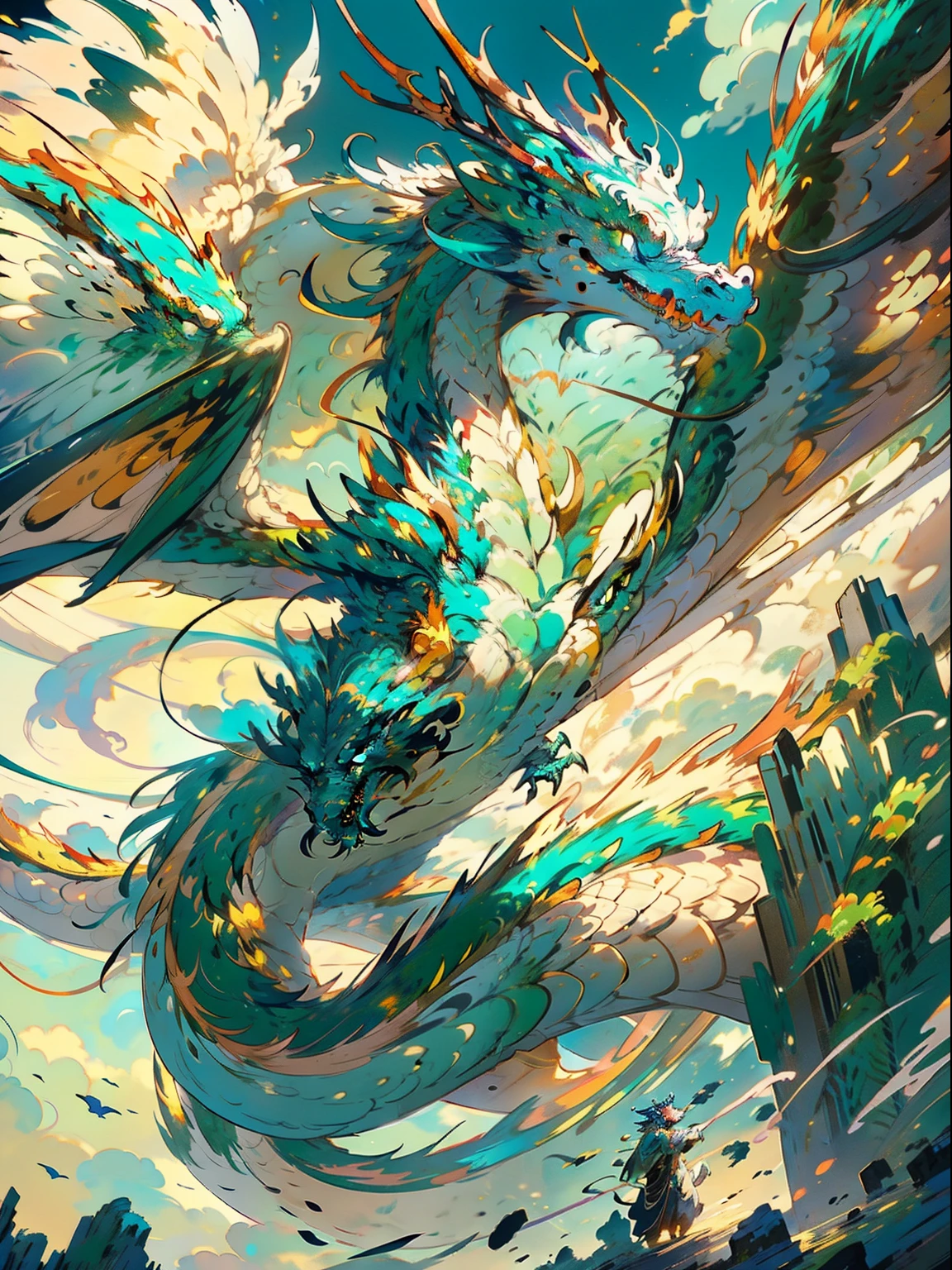 "In a breathtaking outdoor scene, a majestic Dragon with iridescent scales and imposing wings takes flight against a golden sunset backdrop. The Dragon's emerald eyes gaze intently as it soars through the sky with its powerful wings outstretched. The scene calls for a digital illustration in a realistic photographic style. The lighting should capture the warm hues of the setting sun, casting a mesmerizing glow on the Dragon's scales and creating beautiful shadows beneath its wings. The camera shot type should be a medium shot with a wide-angle lens, giving a sense of grandeur to the mythical creature. The resolution must be 8K to ensure highly detailed rendering and lifelike visual impact."
