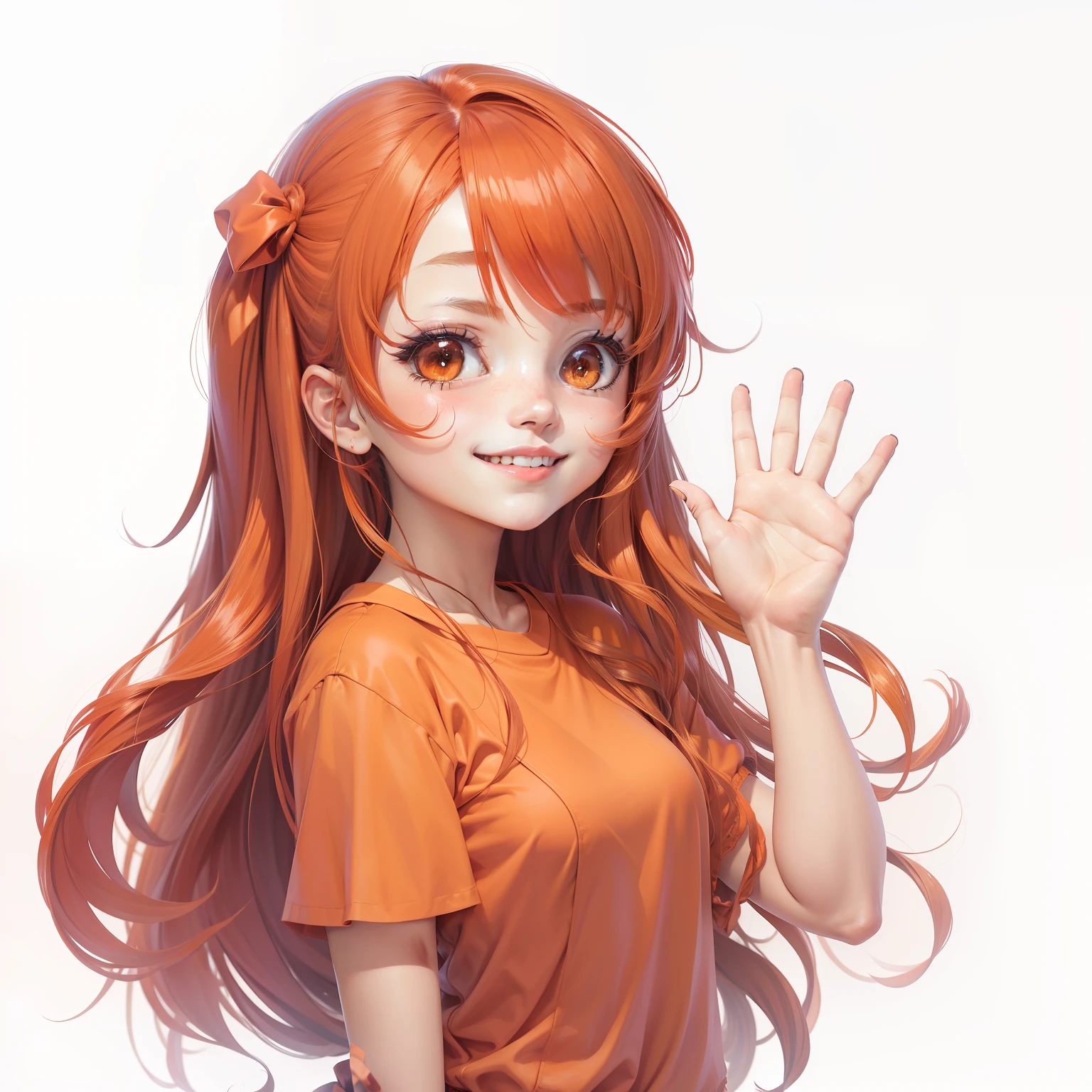 Anime girl, , smile, long hair, hair colour red, wear orange clothes, wave hand