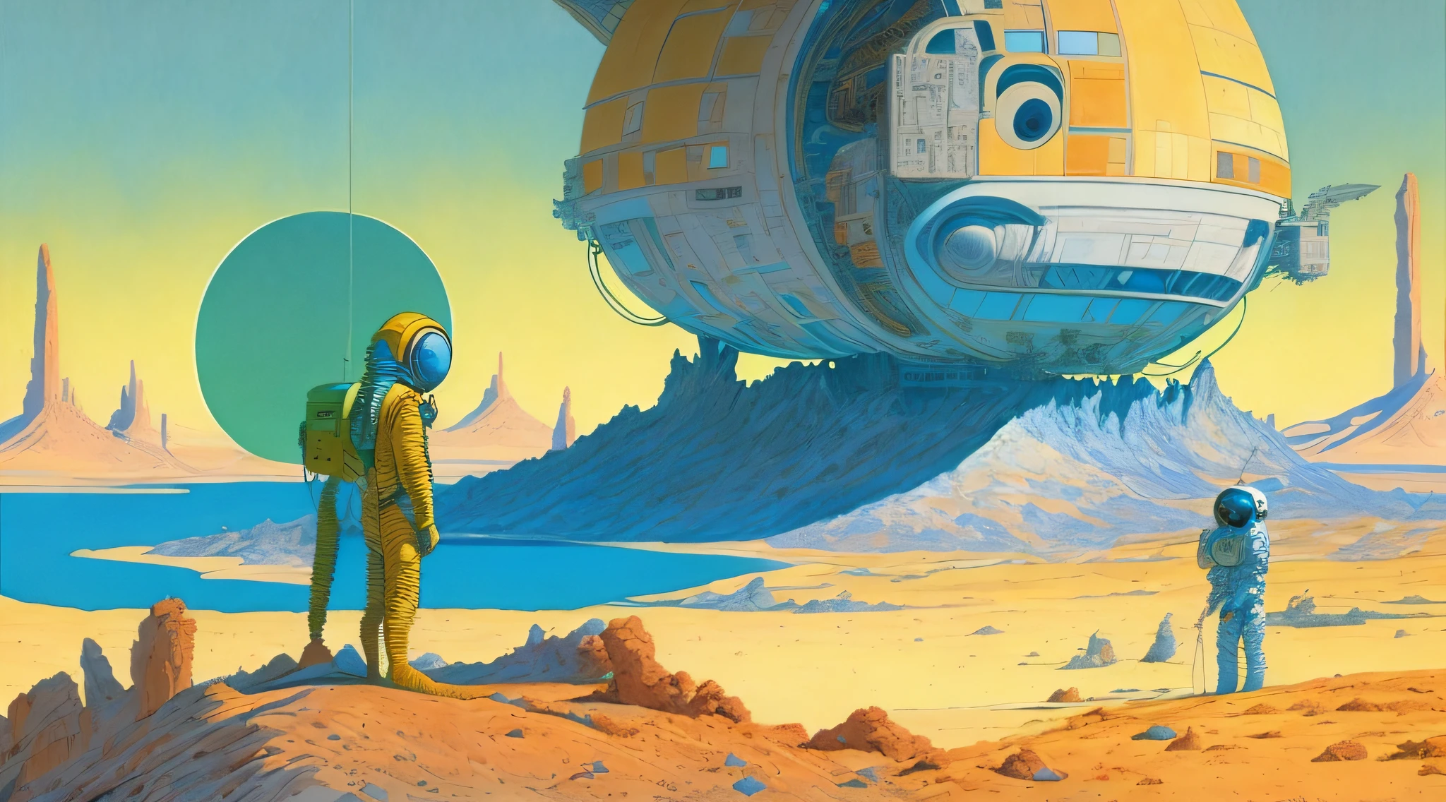 a painting of a Astronauts in Space Suit, repairing a large spaceship, another large spaceship in the background, alien planet, ringed planet by Moebius Jean Giraud