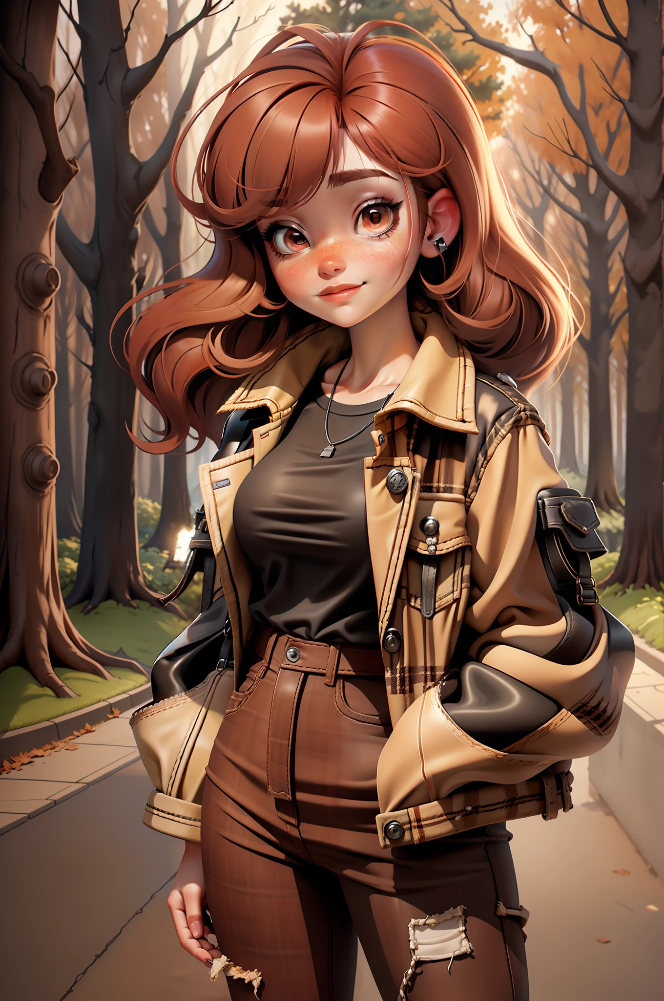 Masterpiece best quality ultra resolution.
The red-haired European woman is wearing ripped jeans and a plaid shirt, with a black leather jacket wrapped over it. Her light brown eyes glow with a piercing gaze, and a freckle on her face adds a touch of imperfect charm to her perfect face. She is standing in front of a black pole, in a park with trees in the background.
The scene is depicted in cinematic color, with a natural light effect that brings the image to life. The resolution of the image is 16k ultra HD, allowing you to visualize every detail with stunning clarity, from the texture of the leather jacket to the foliage of the trees in the background.
The woman's red hair is depicted with a vibrant texture, and her facial expression is one of determination and confidence. The light that shines in their light brown eyes makes them look deeply captivating.