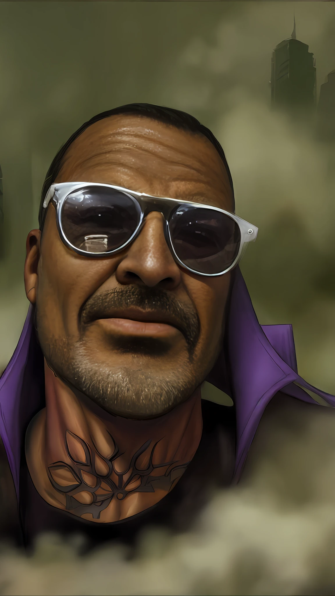 by Simon Bisley, a drug lord wearing a purple suit, sunglasses, post apocalyptic