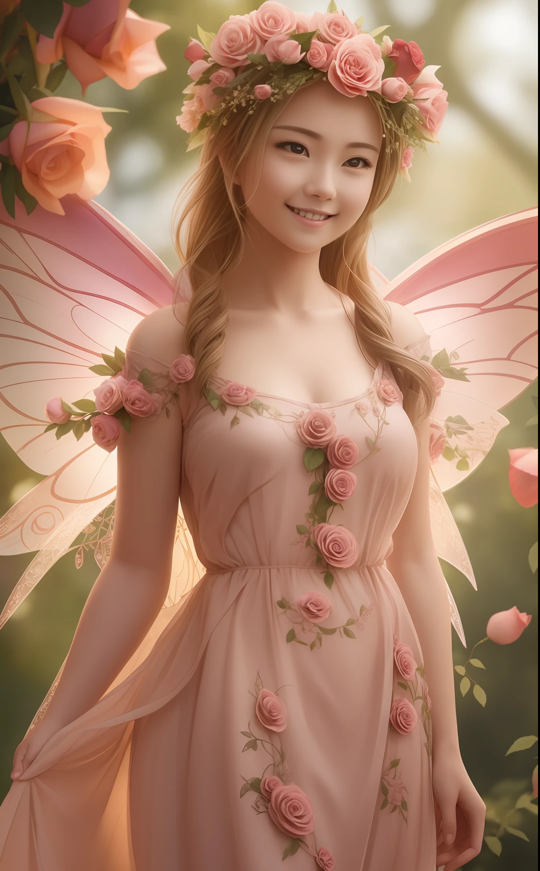 Photo of gorgeous 20-year-old Finnish fairy wearing (Rose Decoration Dresses:1.2) And (Delicate fairy wings:1.2), Grinning, (looking in camera:1.1), (Sateen:1.1), on forest path:, Proudly standing next to his portate, by Studio Ghibli, masutepiece, Barefoot, (Natural lighting:0.8), 8K, ((Realistic)), F/1.1, , Forest with keen eyes、covering the navel、hiding breast、(Curvaceous)femele(flawless skin:1.11)And(teats:1.1)、A smile、full body Esbian、Beautiful standing figure、