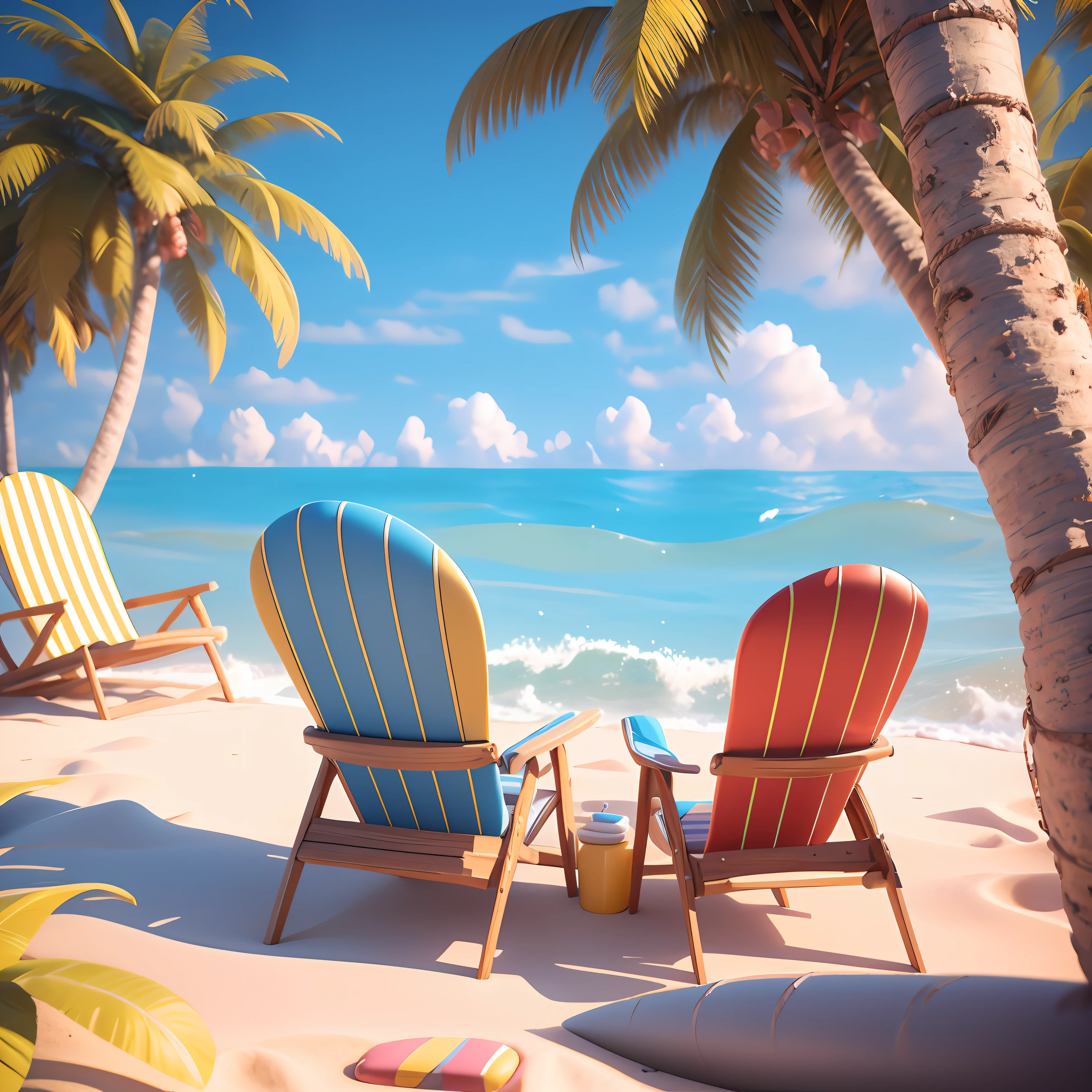 A golden beach in the sea, blue sky, a few coconut trees and beach chairs on the beach, surreal style, clay material, surfboard, C4D rendering, blender, 3D scene, from behance, ultra - detailed, ultra - high - definition