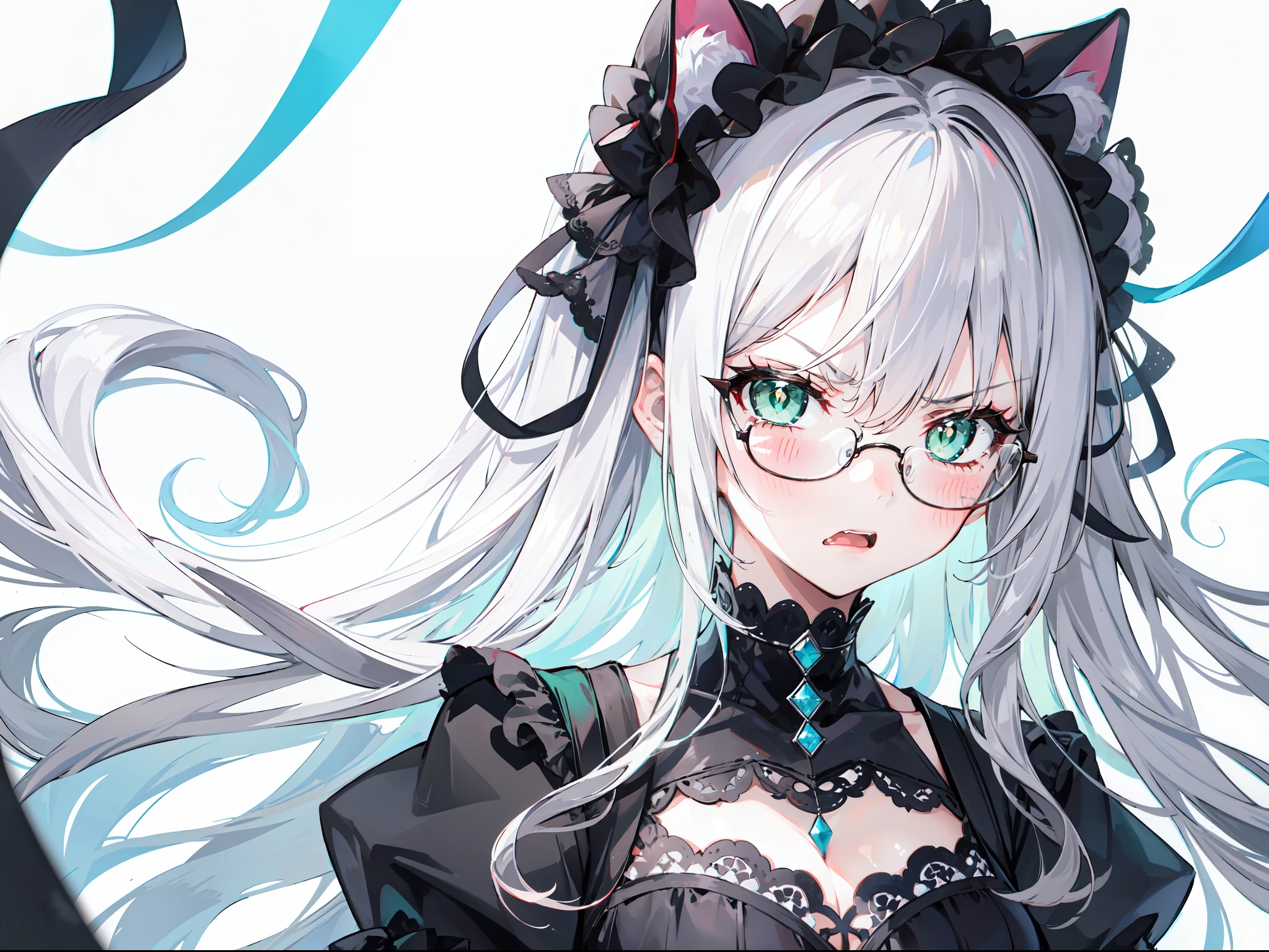 "Generate one girl with long white hairstylist hair, and glasses in right, angry cat pupils, green eyes, and look blushes, she's wear white gothic."