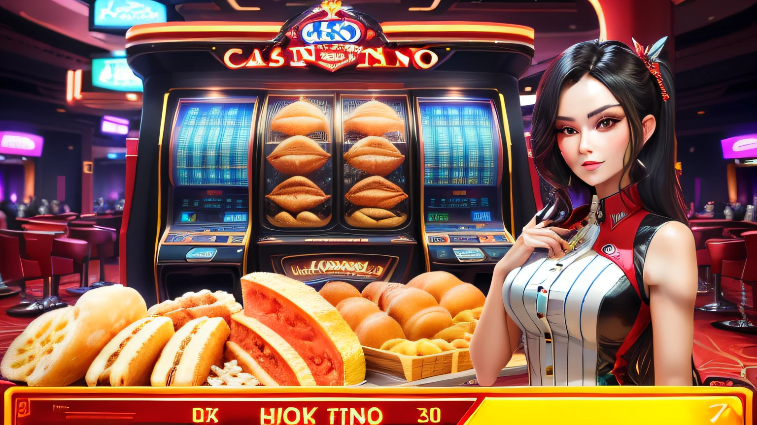 A woman holds a card in front of a casino machine, casino, Casual game, a screenshot, fruit machines, on a, with bread in the slots, gameplay, Casual game, futuristic casino, Handsome, gambling, game screenshot, online casino logo, 🦩🪐🐞👩🏻🦳, teaser, cool looking, premiere, Stunning graphics