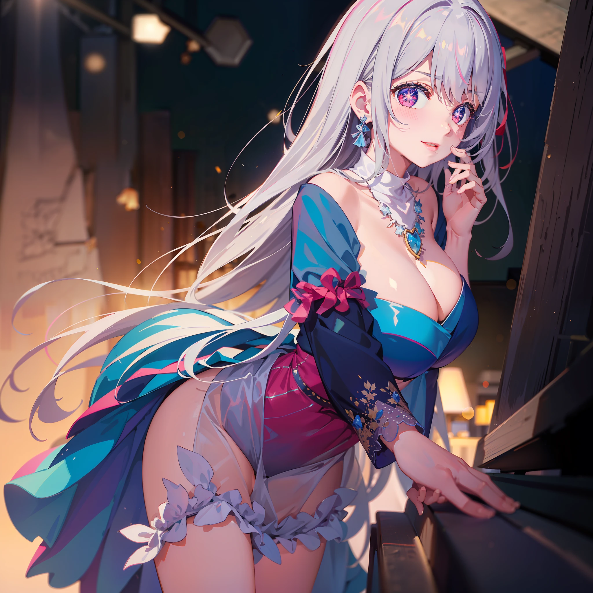 A girl standing in the park at night,Clear sky in the background. Park benches and soft lighting, Rear photo, (Side photography), looking back at the viewer, (Masterpiece), ((Ultra-detailed)), (Highly detailed), (Expressionless), (Best quality: 1.2), 8K, hdr, A high resolution, absurderes: 1.2, Object perspective, Blurred background, Bokeh: 1.1, Lens flare, (vivd colour: 1.2), High quality texture, Detailed texture, High-quality lighting and shadows, a face with perfect proportion, full bodyesbian, Mature and excited body, Detailed skin texture, vibrant, pale and radiant skin, natural saggy breasts, gigantic bosom: 1.5, High waist, Narrow waist: 1.3, Wide hips, Full buttocks, Detailed beautiful face, (PureErosFace_V1:1.3)(Ulzzang-6500:0.4) Detailed beautiful eyes, Symmetrical eyes, Perfect eyes, Seductive eyes, Beautiful nose, High nose, Clear blush, Detailed lips, Earrings, hoop earings, necklace, jewelry, Sapphire heart necklace, Silver-toned high-heeled sandals, Seductive expression, Smile, Perfect hands, Delicate and beautiful fingers, Detailed beautiful legs, photo-realistic hair, detailed hairs, (Silver dress, Red dress, Blue dress), Chisato Nishiki, Long hair, Blonde hair, (Red eyes: 1.5), Hair ribbon, Bob cut, Red hair ribbon,),gigantic cleavage breasts,Japan goddess,blush,