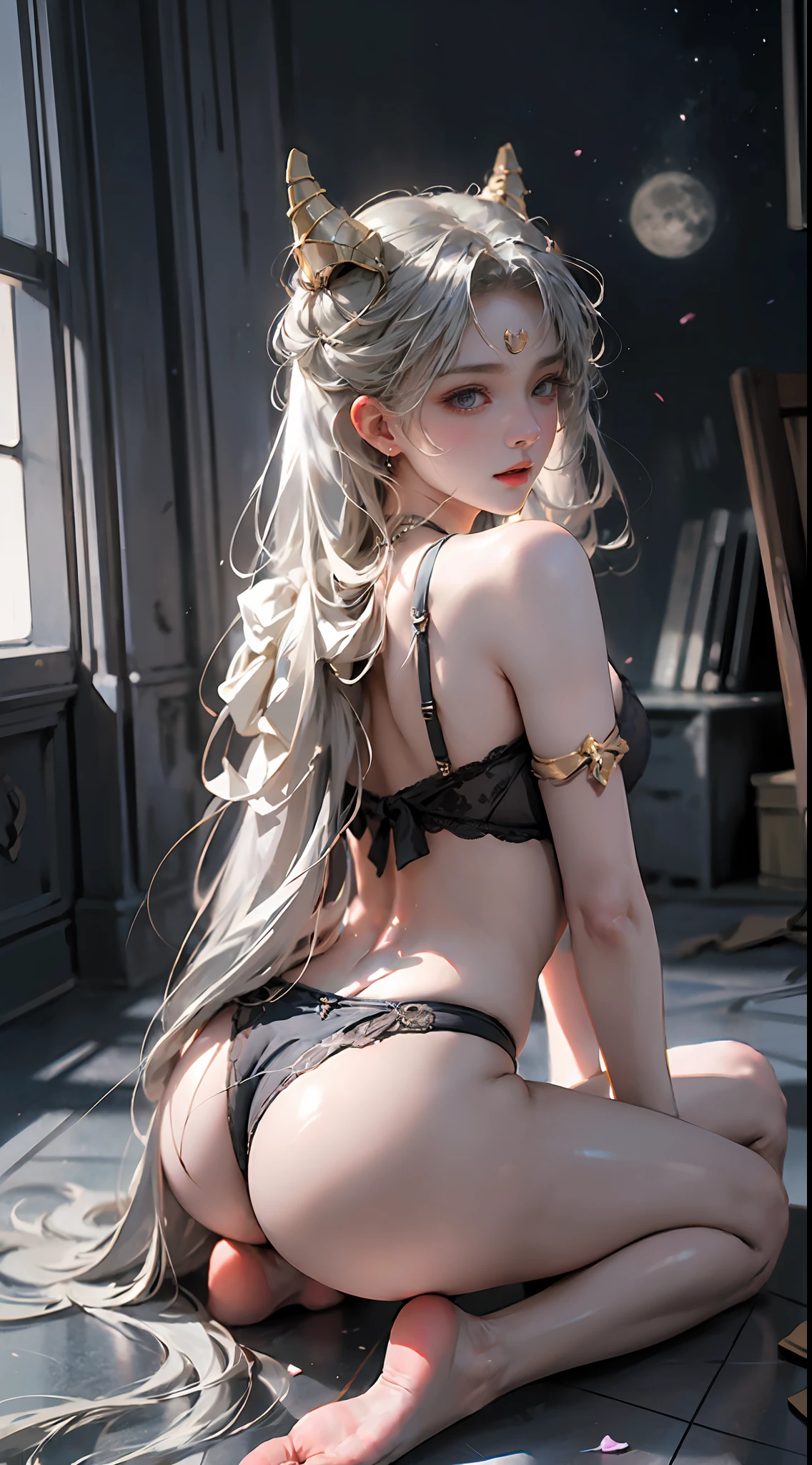 (top-quality、tmasterpiece:1.2)，teens girl，Long gray hair、Smooth skin、Smooth legs、Busty body，laced lingerie，Moon，Visible on the back，Butt visible，Dog crawling kneeling position，