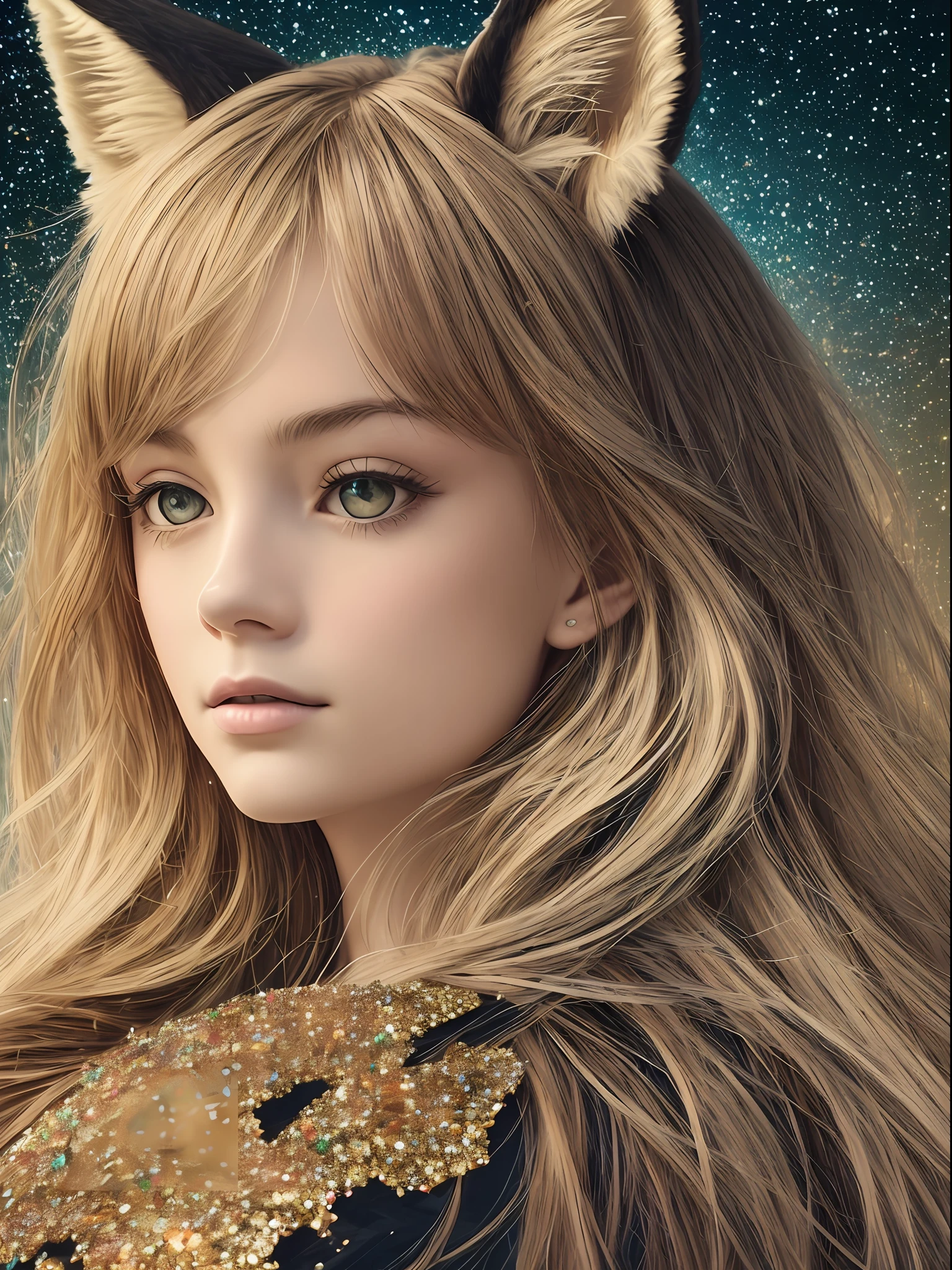 A photo of an award-winning masterpiece,Girl with fox ears,(half face, Half fox face),(facial closeups:1.4),Close-up strengthened,(Macro lens:1.3),A deep,Light attenuation,8K,(Works of masters:1.4),(high qulity:1.1),(SENSE OF CINEMA:1.1),Dark deep shadows, incredibly intricate detailing, Artistically, (up-close:1.1), looking from above, looking at viewert, (glitters:1.1), (color difference,:1.2) The background has floating light artifacts