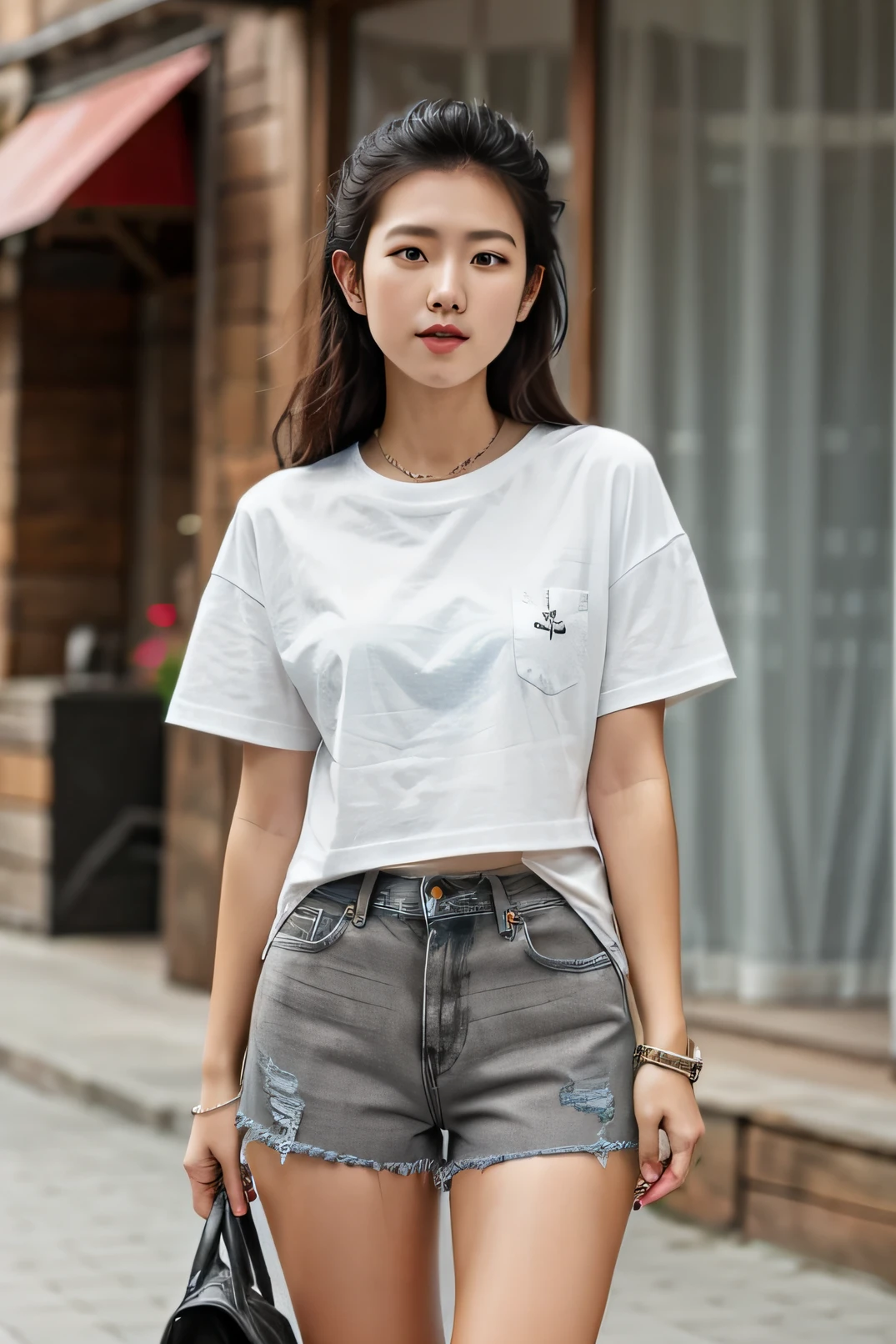 Blue loose denim shorts,Raw edge denim shorts Loose T-shirt, Young Asian girl, wearing casual cloths, Wearing a loose, Simple gray short-sleeved T-shirt, , sexy girl wearing shorts