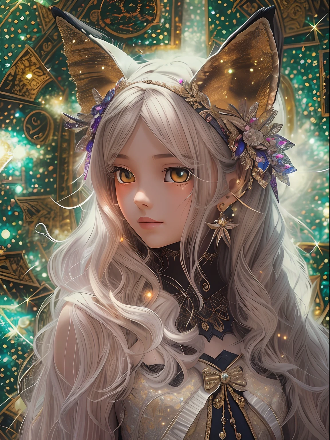 A photo of an award-winning masterpiece,Girl with fox ears,(half face, Half fox face),(facial closeups:1.4),Close-up strengthened,(Macro lens:1.3),A deep,Light attenuation,8K,(Works of masters:1.4),(high qulity:1.1),(SENSE OF CINEMA:1.1),Dark deep shadows, incredibly intricate detailing, Artistically, (up-close:1.1), looking from above, looking at viewert, (glitters:1.1), (color difference,:1.2) The background has floating light artifacts