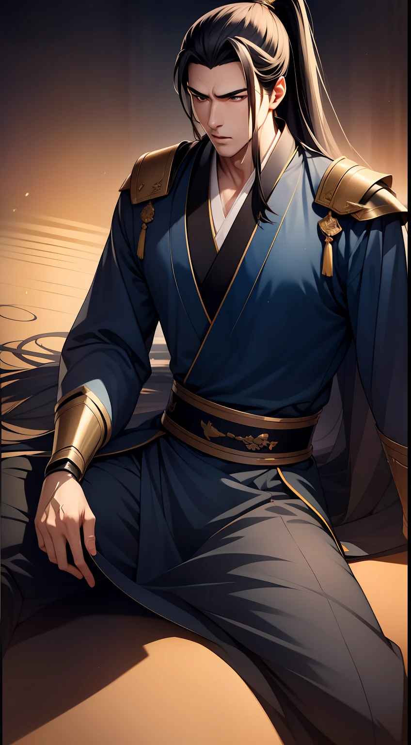 quadratic element，style of anime，mtu（Male Warrior），The proportions are correct，Face details，swordsmen，High ponytail hairstyle，Neck details，There is an Adam's apple，Black Hanfu，kaftan，Embroidered robes，Black robe，clothes details，Handing over，longer sleeves，Game quality，Swordsmanship，Light and shadow tracking，Ray traching，detailed glow，cg render，hair detail，long  white hair，Black eyes，Handsome，Handsome，（juvenile sense），Clothing is complicated，Perfectcomposition，Refinement，high qulity，higher details，Lots of details，The background is complex，a sense of atmosphere，