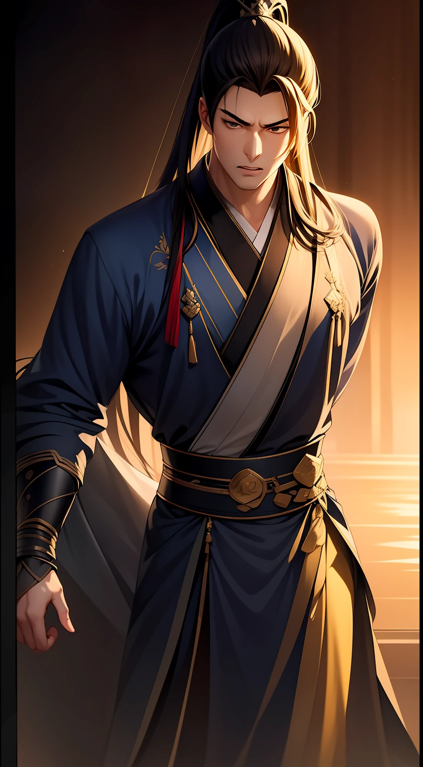 quadratic element，style of anime，mtu（Male Warrior），The proportions are correct，Face details，swordsmen，High ponytail hairstyle，Neck details，There is an Adam's apple，Black Hanfu，kaftan，Embroidered robes，Black robe，clothes details，Handing over，longer sleeves，Game quality，Swordsmanship，Light and shadow tracking，Ray traching，detailed glow，cg render，hair detail，long  white hair，Black eyes，Handsome，Handsome，（juvenile sense），Clothing is complicated，Perfectcomposition，Refinement，high qulity，higher details，Lots of details，The background is complex，a sense of atmosphere，