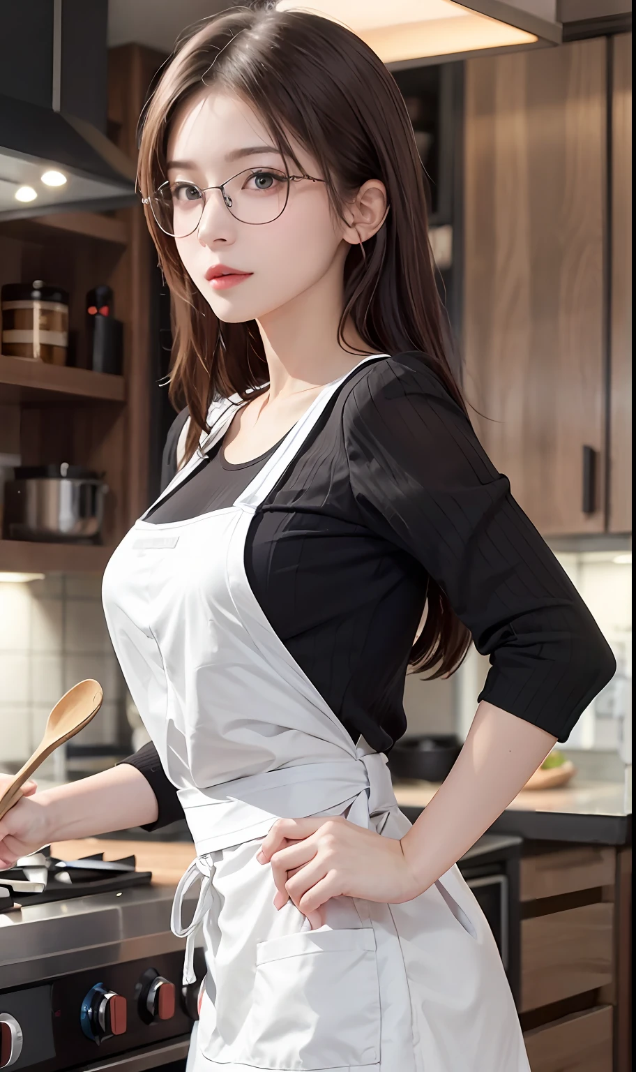 （RAW photos：1.2），high high quality，Beautiful Meticulous Girl，Highly detailed eyes and face，beatiful detailed eyes，hugefilesize，A high resolution，8k wallpaper，finely detailled，Highly detailed stock code uniform 8k wallpaper，light in face，电影灯光，16 year old girl，A sexy pose，（photo-realism：1.4），illustratio，ultra-realistic realism，super detailing， tmasterpiece， at the kitchen，Wear an apron to cook，wears glasses，Bigchest，low chest