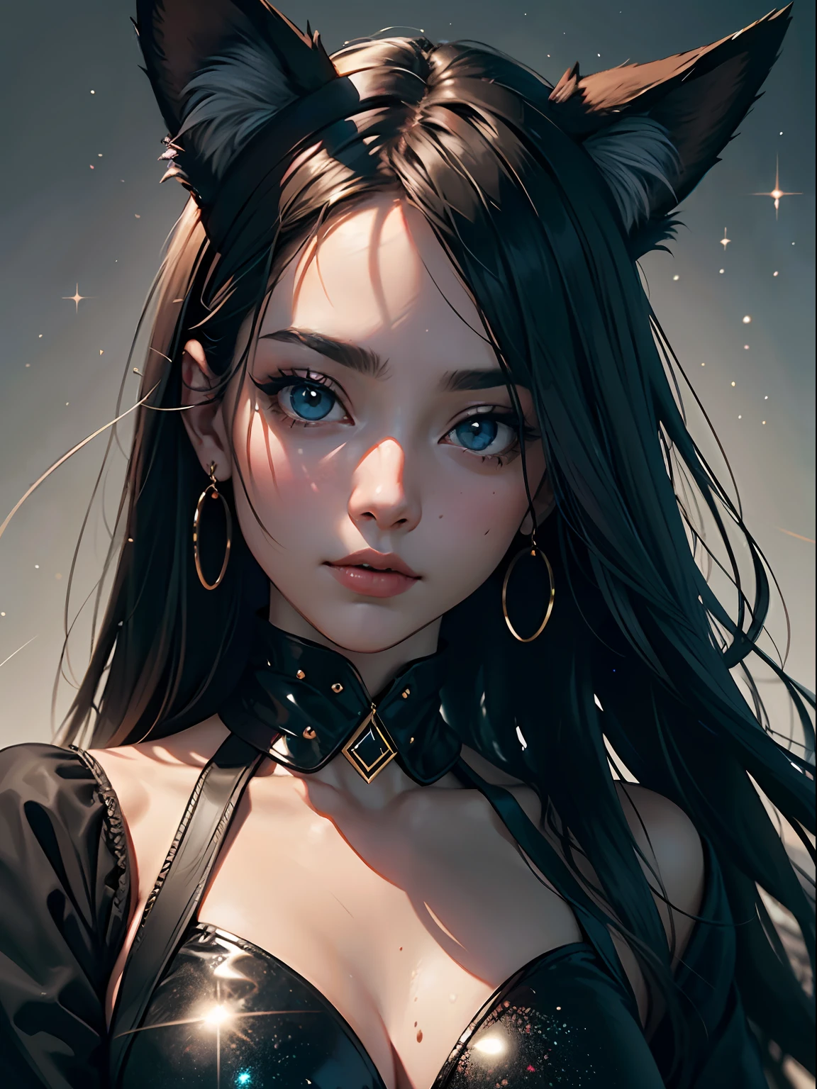 A photo of an award-winning masterpiece,Girl with fox ears,(frontage:1.4),(half face, Half fox face),(facial closeups:1.4),Close-up strengthened,(Macro lens:1.3),A deep,Light attenuation,8K,(Works of masters:1.4),(high qulity:1.1),(SENSE OF CINEMA:1.1),Dark deep shadows, incredibly intricate detailing, Artistically, (up-close:1.1), looking from above, looking at viewert, (glitters:1.1), (color difference,:1.2) The background has floating light artifacts