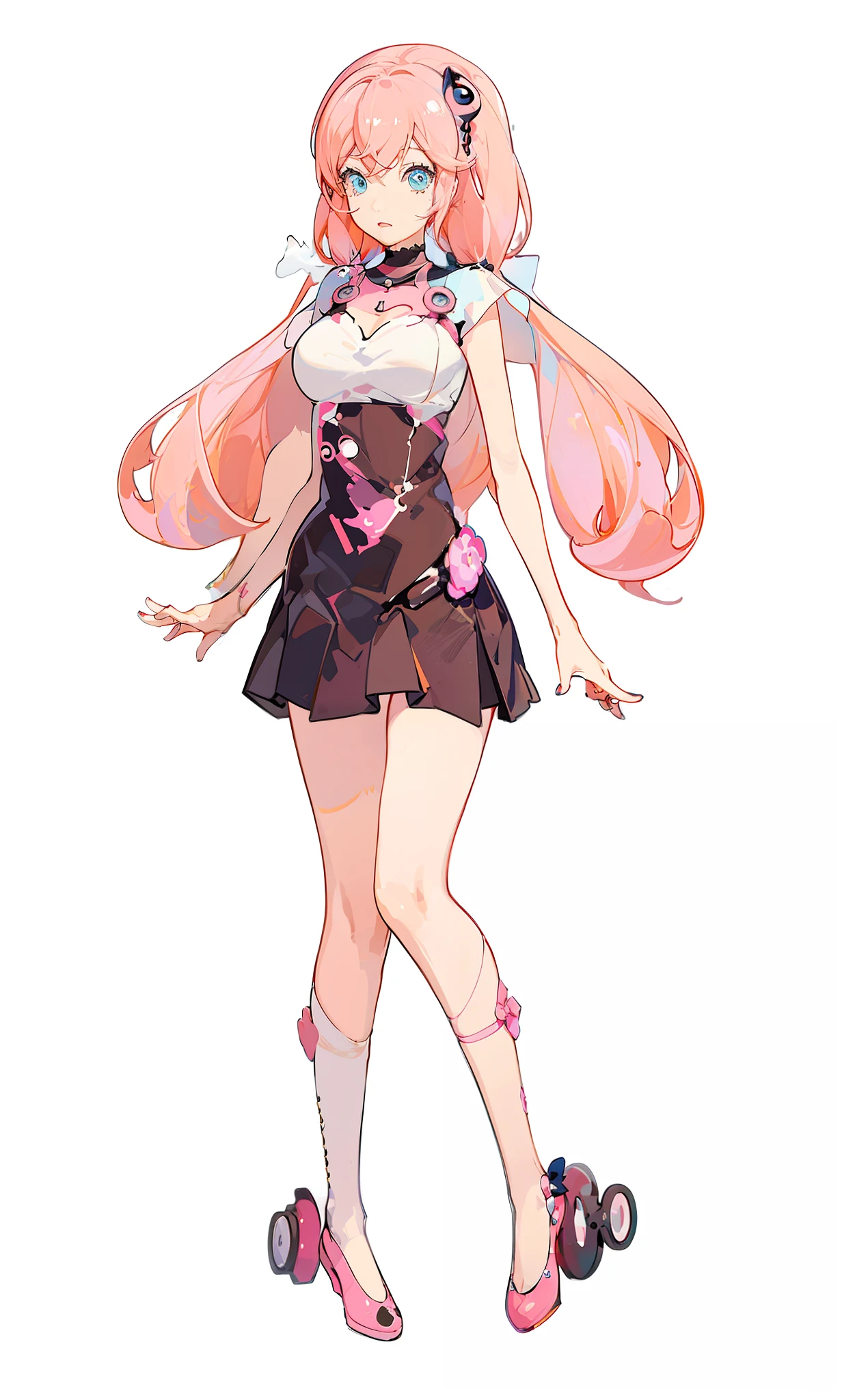 anime girl with pink hair and a white shirt and black skirt, humanoid pink female squid girl, pink twintail hair and cyan eyes, anime girl named lucy, Anime manga robot!! Anime girl, madoka kaname, Junko Enoshima, anime girl of the future, style of magical girl, female anime character, junko enoshima from danganronpa