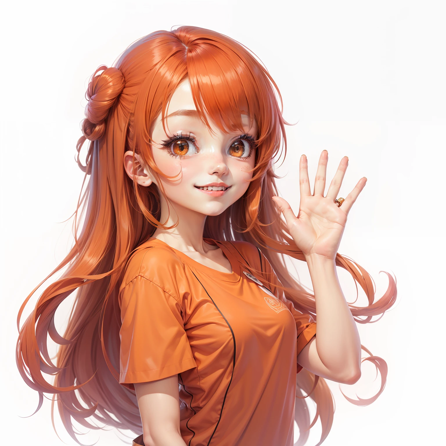 Anime girl, teen, smile, long hair, hair colour red, wear orange clothes, wave hand