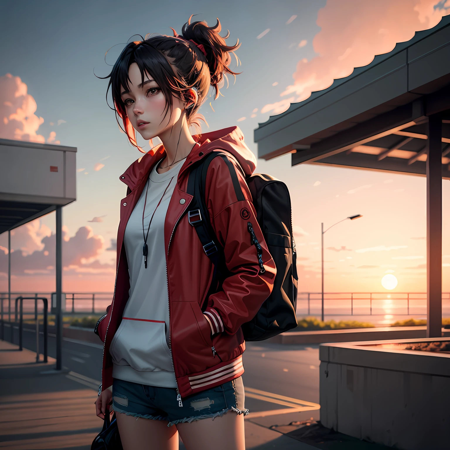 1girll,jaket,Sateen,exteriors,hoody,Open red jacket,chain,backpacks,Look at the other person,messy hair,Red double ponytail,Red ear-like headphones,Trends on ArtStation,8K分辨率,The is very detailed,anatomically correcte,Sharp images,digitial painting,concept-art,Trends on pixiv,Estilo de Makoto Shinkai,Red sunset,fundo vermelho,Red sky