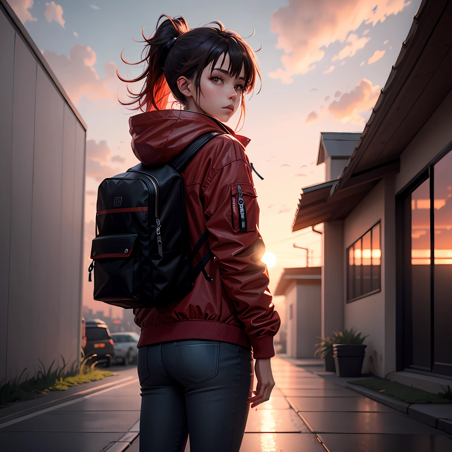 1girll，jaket，Sateen，exteriors，hoody，Open red jacket，chain，backpacks，Look at the other person，messy  hair，Red double ponytail，Red ear-like headphones，Trends on ArtStation，8K分辨率，The is very detailed，anatomically correcte，Sharp images，digitial painting，concept-art，Trends on pixiv，Estilo de Makoto Shinkai，Red sunset，fundo vermelho，Red sky