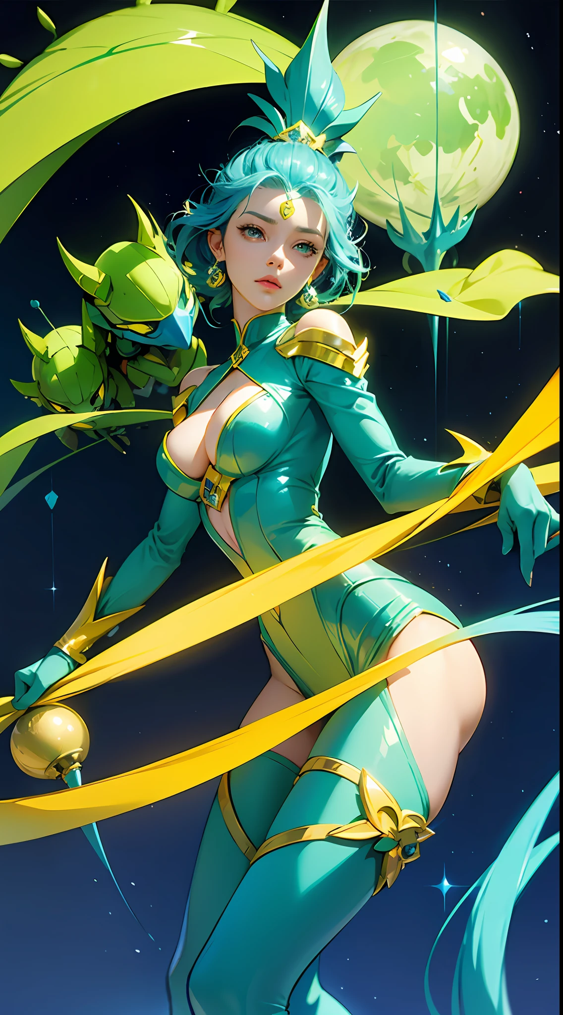 Cartoon photo of busty woman in blue and green and yellow costume、Hot insect humanoid female、Guyver Style、SFW version、Scarabeleploid、tail、Cel Shade Adult Animation、Alien Queen、Core Crystal、