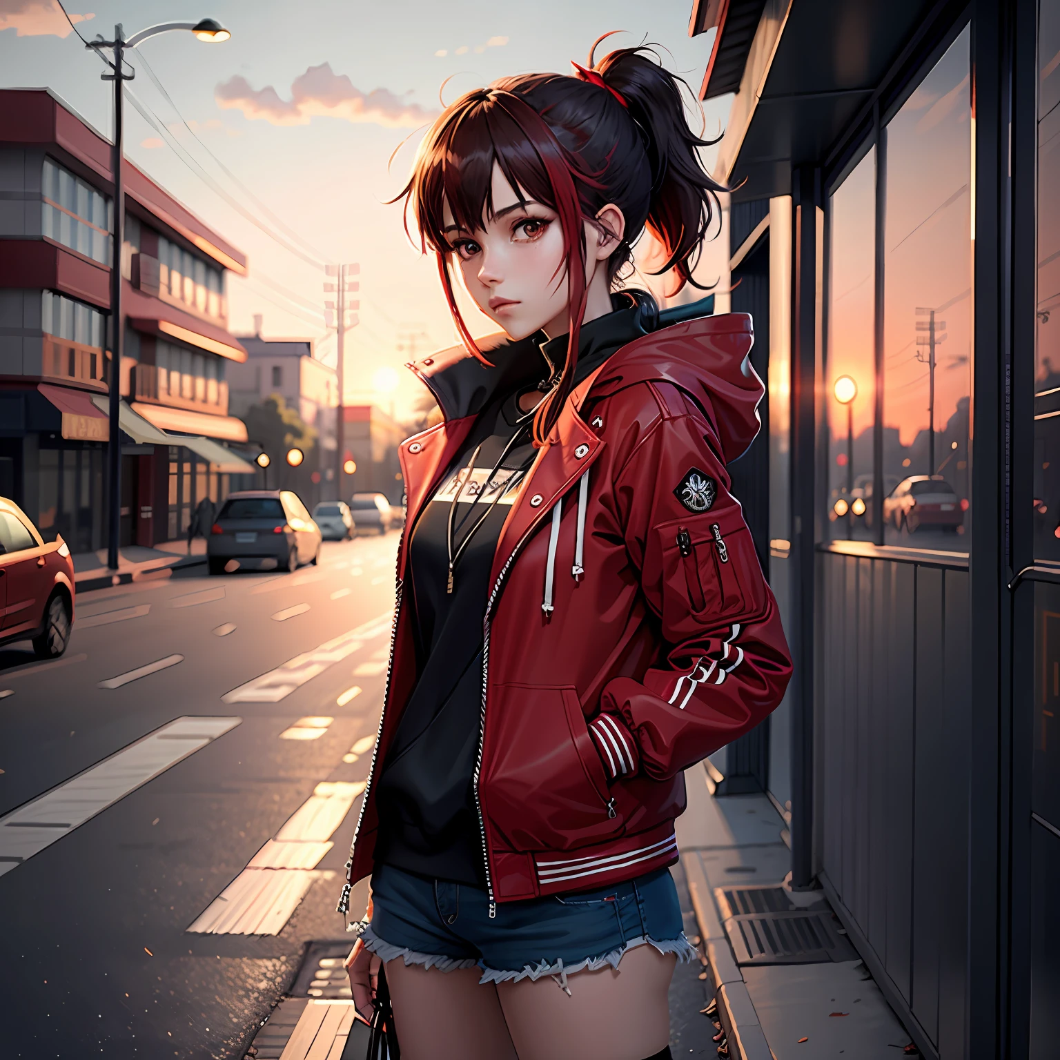 1girll,jaket,Sateen,exteriors,hoody,Open red jacket,chain,Hand in hand,Look at the other person,messy hair,Red double ponytail,Red earphones,Trends on ArtStation,8K分辨率,The is very detailed,anatomically correcte,Sharp images,digitial painting,concept-art,Trends on pixiv,Estilo de Makoto Shinkai,Red sunset,fundo vermelho,Red sky