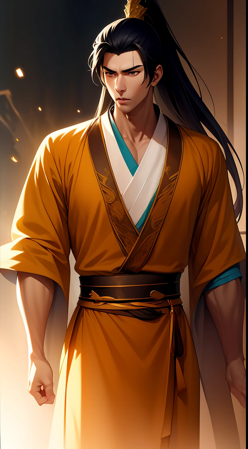quadratic element,style of anime,mtu(Male Warrior),The proportions are correct,Face details,swordsmen,High ponytail hairstyle,Neck details,There is an Adam's apple,Black Hanfu,kaftan,Embroidered robes,Black robe,clothes details,Handing over,longer sleeves,Game quality,Swordsmanship,Light and shadow tracking,Ray traching,detailed glow,cg render,hair detail,long white hair,Black eyes,Handsome,Handsome,(juvenile sense),Clothing is complicated,Perfectcomposition,Refinement,high qulity,higher details,Lots of details,The background is complex,a sense of atmosphere,