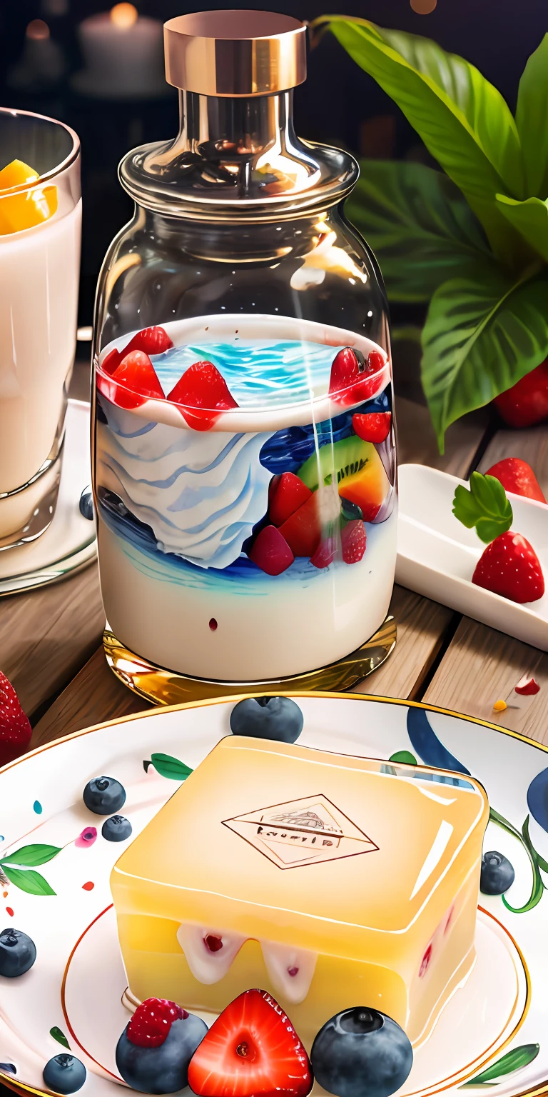 ocean, The sea, resort, tropics, tropical, Palma, picnic, Healthy breakfast. Faceted glass, crystal, mother-of-pearl shimmers, sun glare, Different play of light, Muesli and berry yogurt, CocktailWorld, scenery, landscape, Street, Depth of field , ((blurred background)), Masterpiece, Best Quality, ultra detail, (((Multi-layered jelly))) glass, stained glass windows, Multi-colored highlights, tmasterpiece, Top Quality, Experience, Chic, Boho-chic, a gold, utensil, kettle, a cup, plate, crystals, with floral print,1 glass of milk (can be cow's milk, vegetable milk or yogurt) 1 teaspoon vanilla extract of your choice (optional) Chopped fresh fruits (For example, strawberries, kiwi, mango, blackberry, raspberry, cherry, carambola, blueberries, etc.) Marengo,