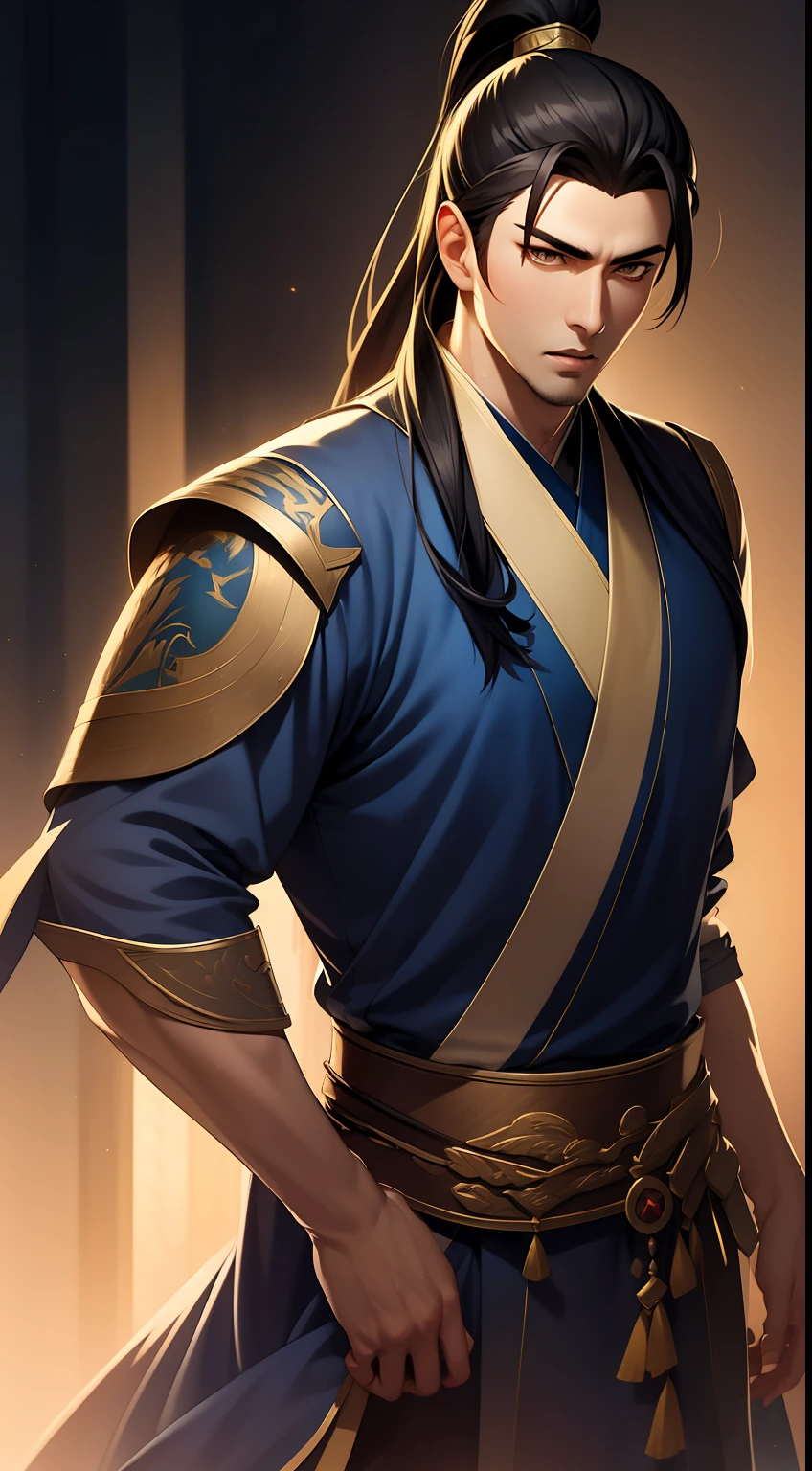 quadratic element，style of anime，mtu（Male Warrior），The proportions are correct，Face details，swordsmen，High ponytail hairstyle，Neck details，There is an Adam's apple，Black Hanfu，kaftan，Embroidered robes，Black robe，clothes details，Handing over，longer sleeves，Game quality，Swordsmanship，Light and shadow tracking，Ray traching，detailed glow，cg render，hair detail，long  white hair，Black eyes，Handsome，Handsome，（juvenile sense），Clothing is complicated，Perfectcomposition，Refinement，high qulity，higher details，Lots of details，The background is complex，a sense of atmosphere，