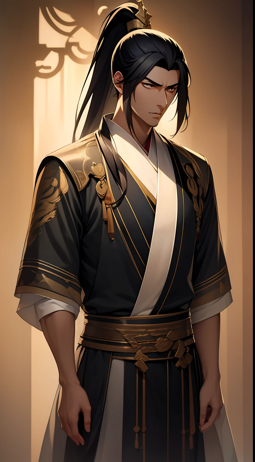 quadratic element，style of anime，mtu（Male Warrior），The proportions are correct，Face details，swordsmen，High ponytail hairstyle，Neck details，There is an Adam's apple，Black Hanfu，kaftan，Embroidered robes，Black robe，clothes details，Handing over，longer sleeves，Game quality，Swordsmanship，Light and shadow tracking，Ray traching，detailed glow，cg render，hair detail，long  white hair，Black eyes，Handsome，Handsome，（juvenile sense），Clothing is complicated，Perfectcomposition，Refinement，high qulity，higher details，Lots of details，The background is complex，a sense of atmosphere，
