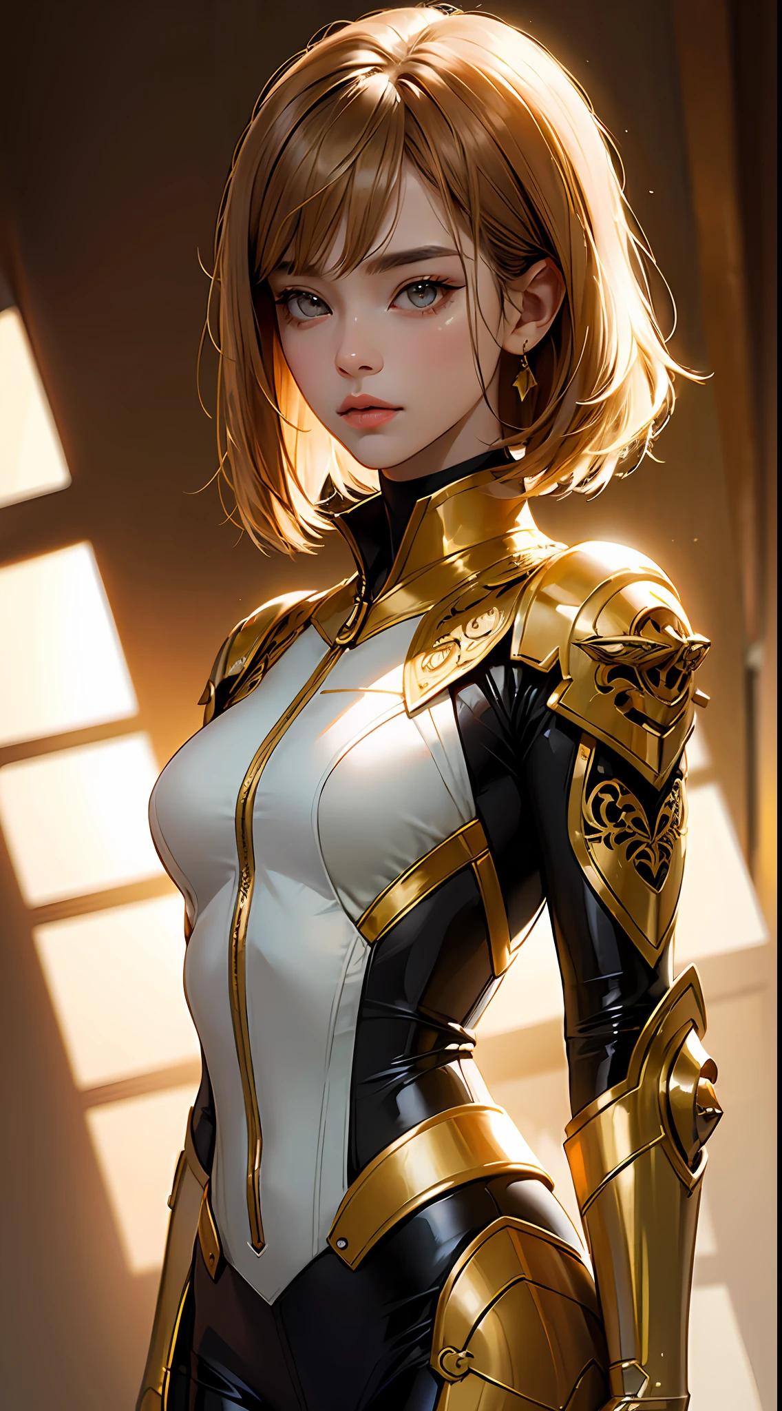PM, (latex suit:1), Golden Fringe Shorthair, Light brown eyes, 1girl in, 20yr old, Innocence, (Photorealsitic), (intricate-detail:1.2),(masterpiece, :1.3),(top-quality:1.4), (超A high resolution:1.2), 超A high resolution, (A detailed eye), (detailed facial features), nffsw, 8K分辨率, (lensflare:0.7),