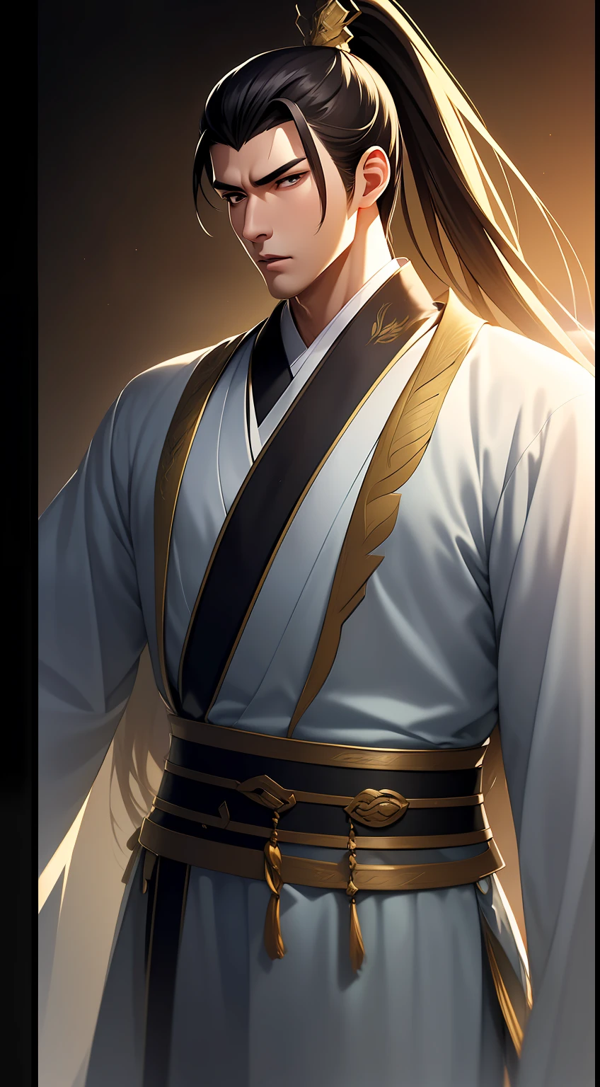 quadratic element，style of anime，mtu（Male Warrior），The proportions are correct，Face details，swordsmen，High ponytail hairstyle，Neck details，There is an Adam's apple，Black Hanfu，kaftan，Embroidered robes，Black robe，clothes details，Handing over，longer sleeves，Game quality，Swordsmanship，Light and shadow tracking，Ray traching，detailed glow，cg render，hair detail，long  white hair，Black eyes，Handsome，Handsome，（juvenile sense），Clothing is complicated，Perfectcomposition，Refinement，high qulity，higher details，Lots of details，The background is complex，a sense of atmosphere，