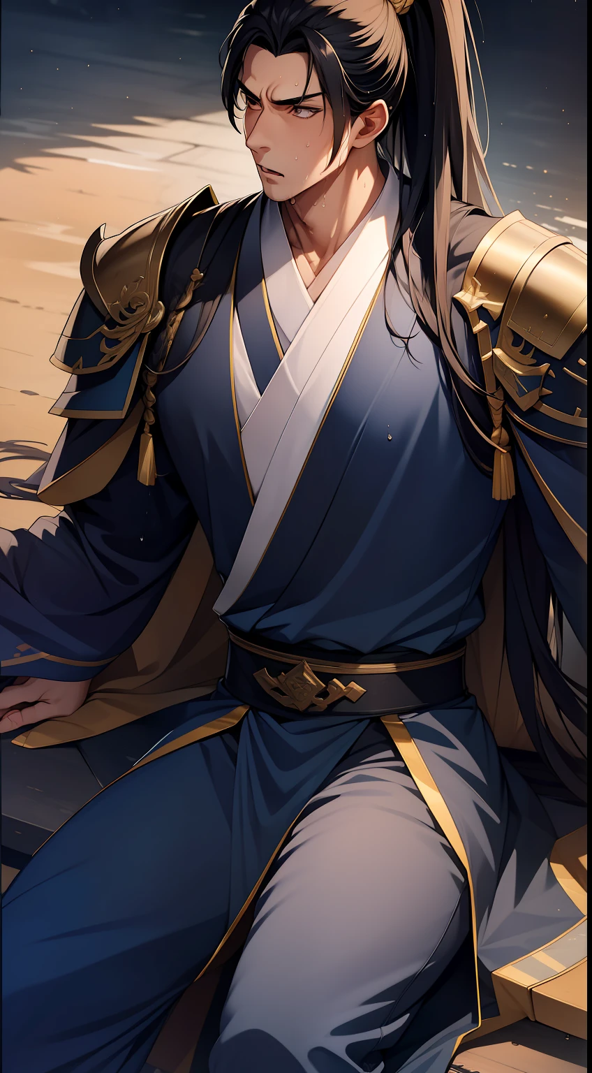 quadratic element,style of anime,mtu(Male Warrior),musculature,The proportions are correct,Face details,swordsmen,High ponytail hairstyle,perspired,Sweat on the face,drools,Neck details,There is an Adam's apple,Get wet,Drenched,Black Hanfu,kaftan,Embroidered robes,Black robe,clothes details,Handing over,longer sleeves,Game quality,Swordsmanship,Light and shadow tracking,Ray traching,detailed glow,cg render,hair detail,cabellos largos dorados,Golden eyes,Sweat on the face,Handsome,Handsome,Beads of sweat slipped down my neck,(juvenile sense),Clothing is complicated,Drenched,Get wet,Perfectcomposition,Refinement,high qulity,higher details,Lots of details,The background is complex,a sense of atmosphere,