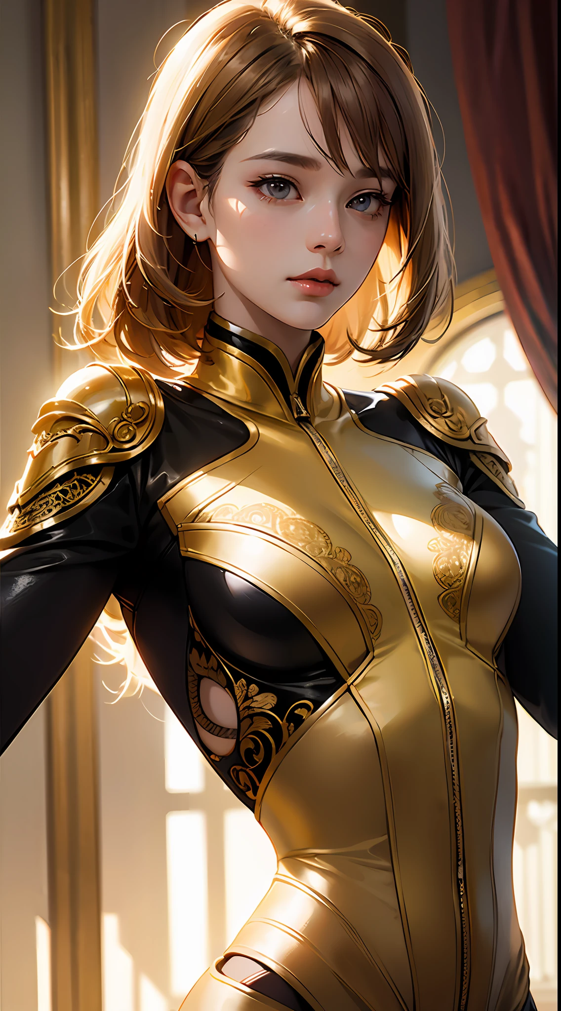 PM, (latex suit:1), Golden Fringe Shorthair, Light brown eyes, 1girl in, 20yr old, Innocence, (Photorealsitic), (intricate-detail:1.2),(masterpiece, :1.3),(top-quality:1.4), (超A high resolution:1.2), 超A high resolution, (A detailed eye), (detailed facial features), nffsw, 8K分辨率, (lensflare:0.7),