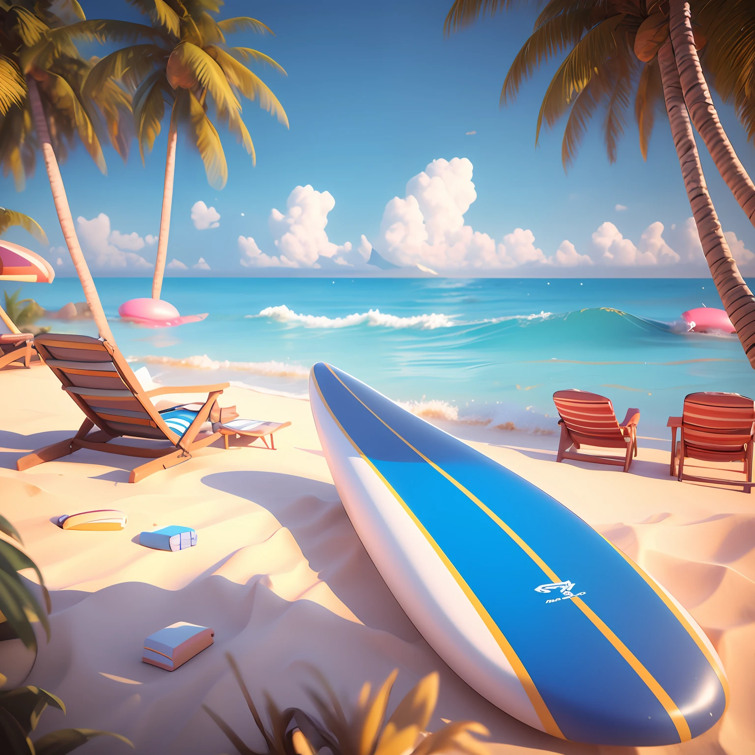 A golden beach in the sea, blue sky, a few coconut trees and beach chairs on the beach, surreal style, clay material, surfboard, C4D rendering, blender, 3D scene, from behance, ultra - detailed, ultra - high - definition